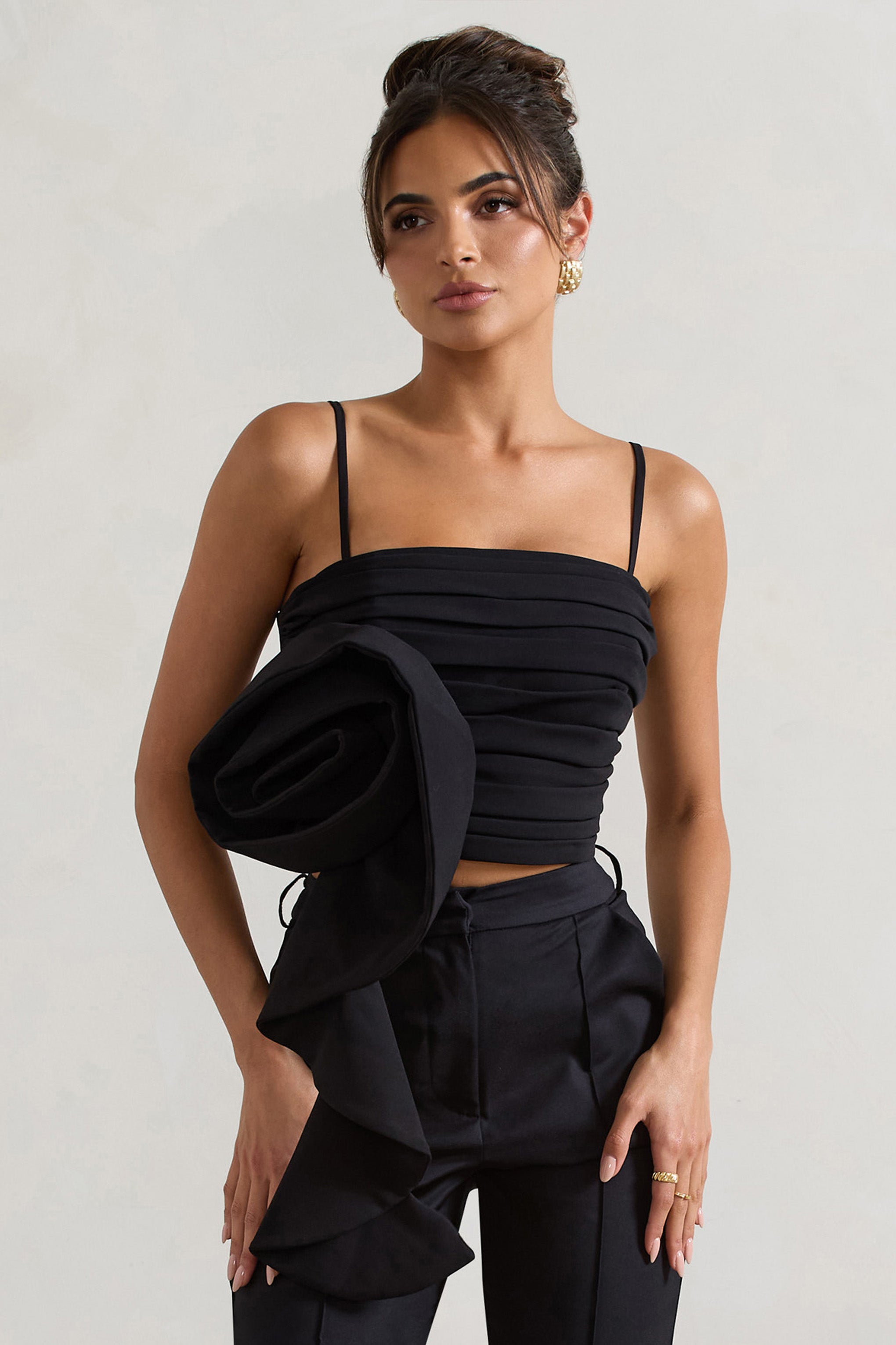 Whirlwind | Black Strappy Top With Oversized Ruffle Detail-Sowoom