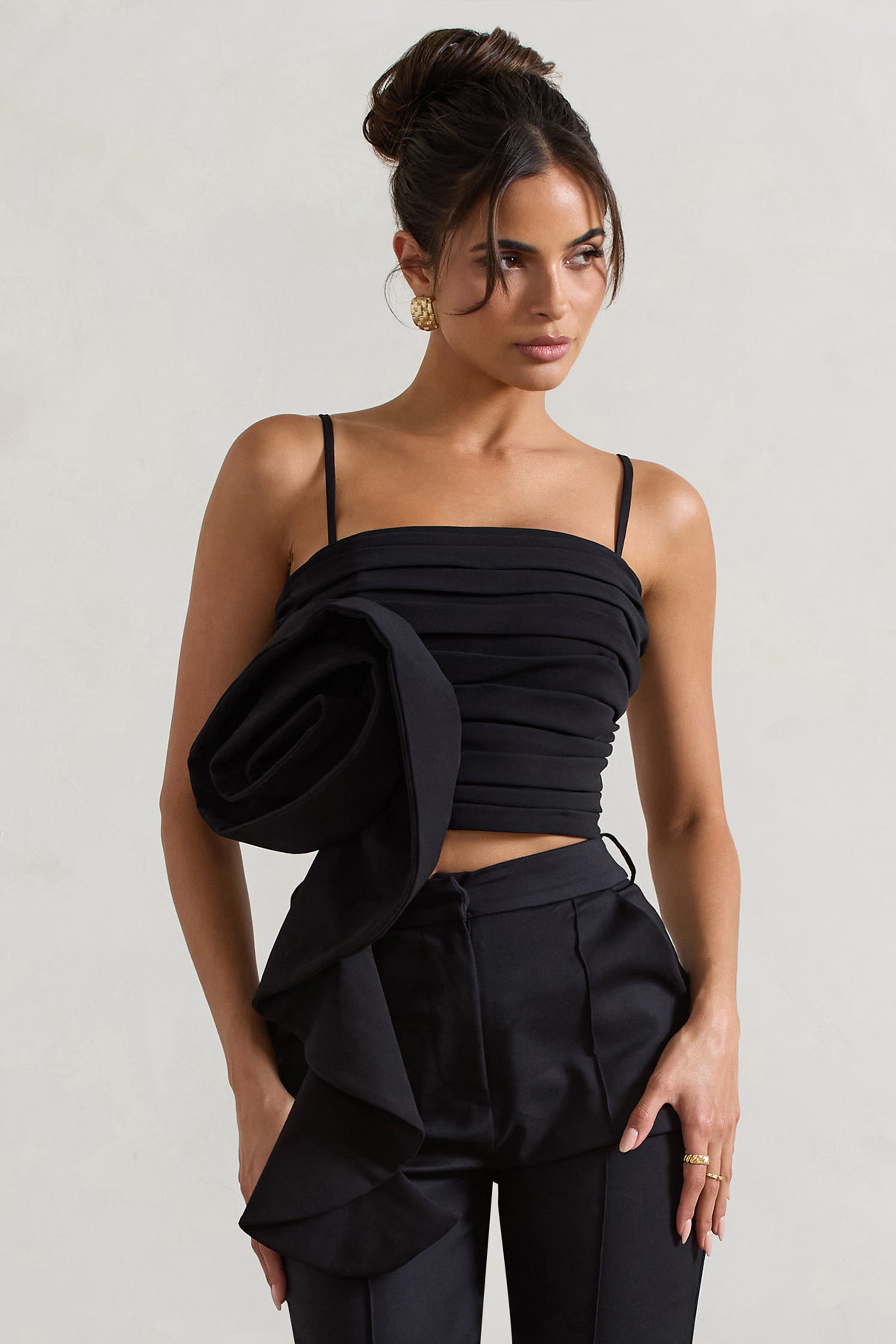 Whirlwind | Black Strappy Top With Oversized Ruffle Detail-Sowoom