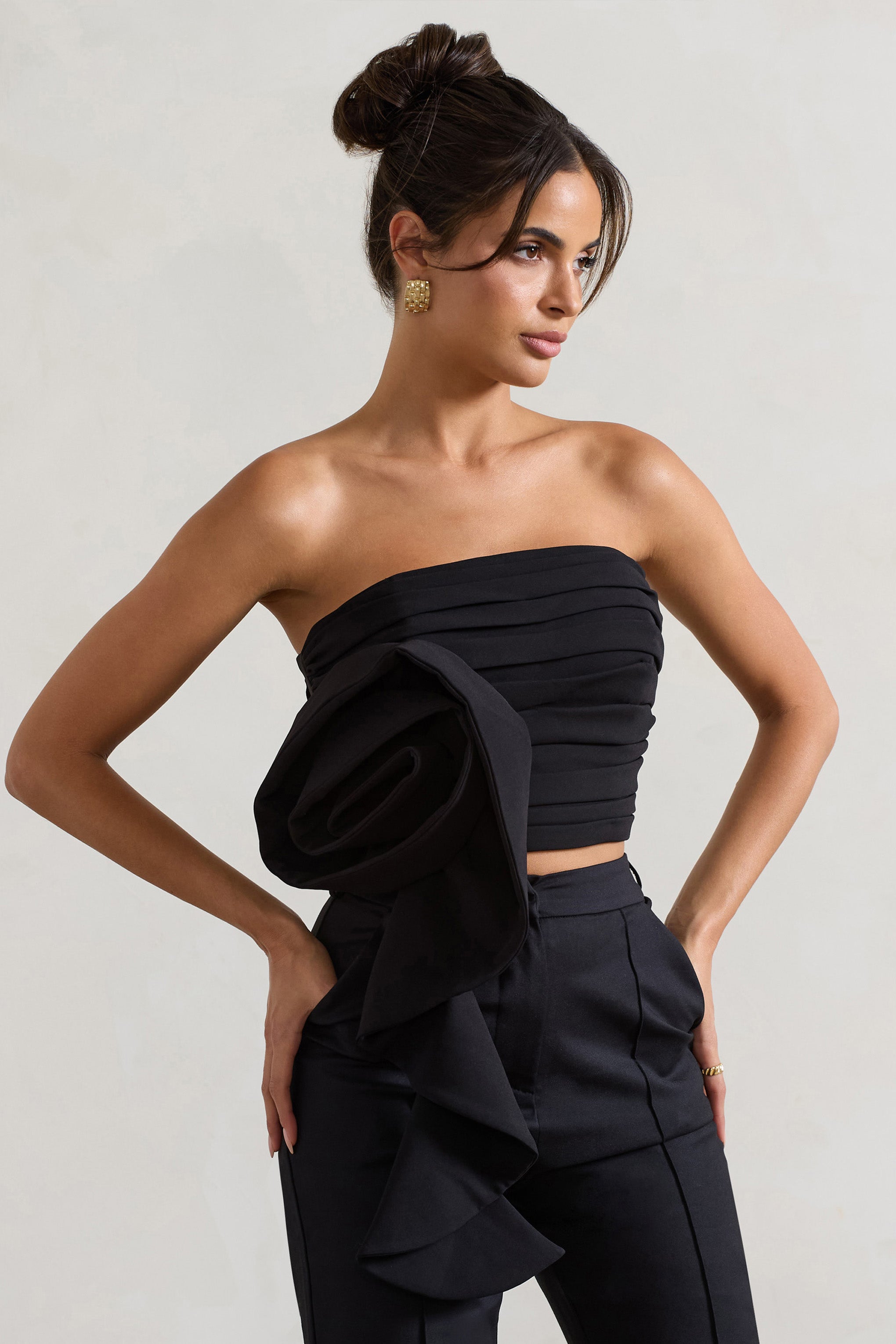 Whirlwind | Black Strappy Top With Oversized Ruffle Detail-Sowoom
