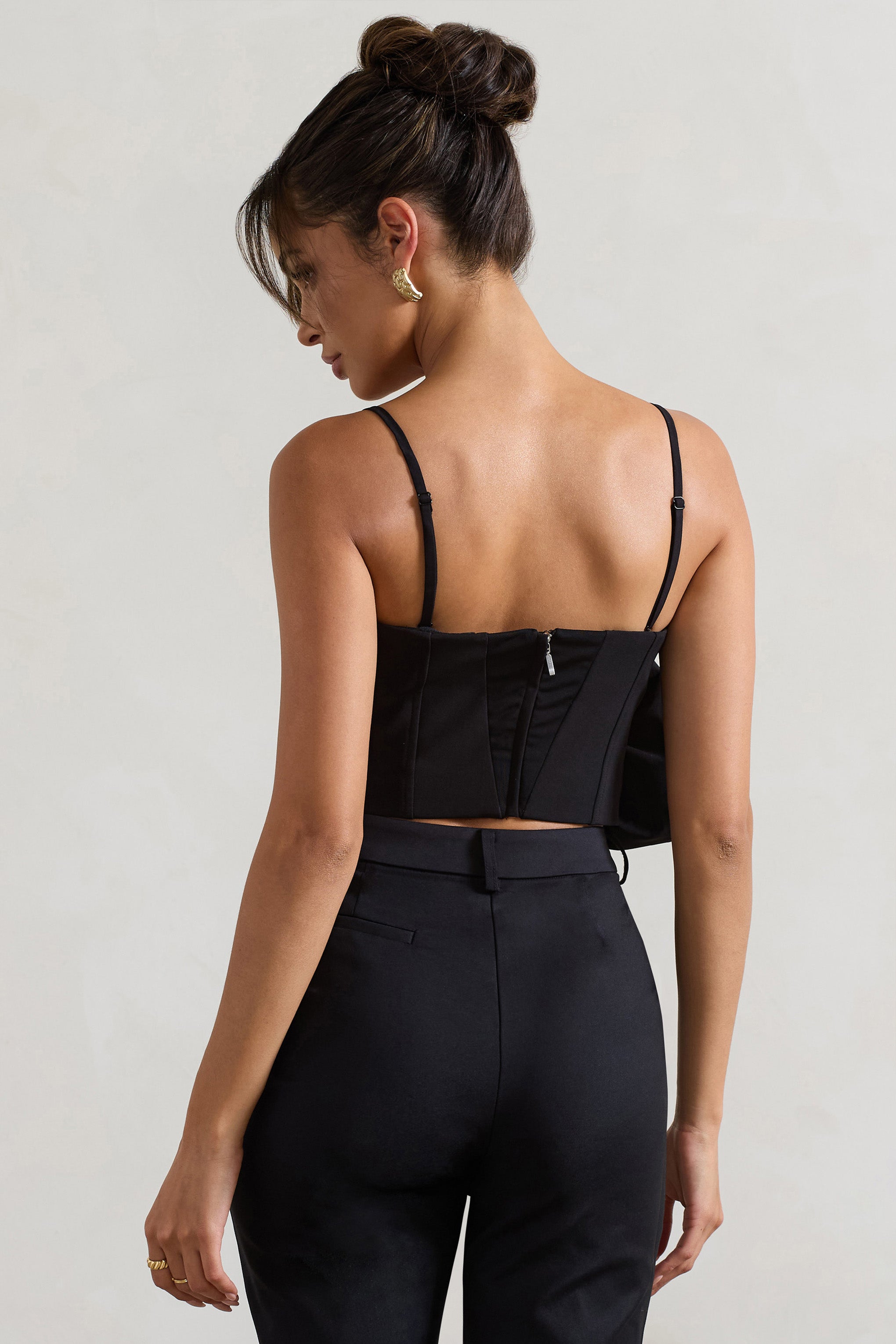Whirlwind | Black Strappy Top With Oversized Ruffle Detail-Sowoom
