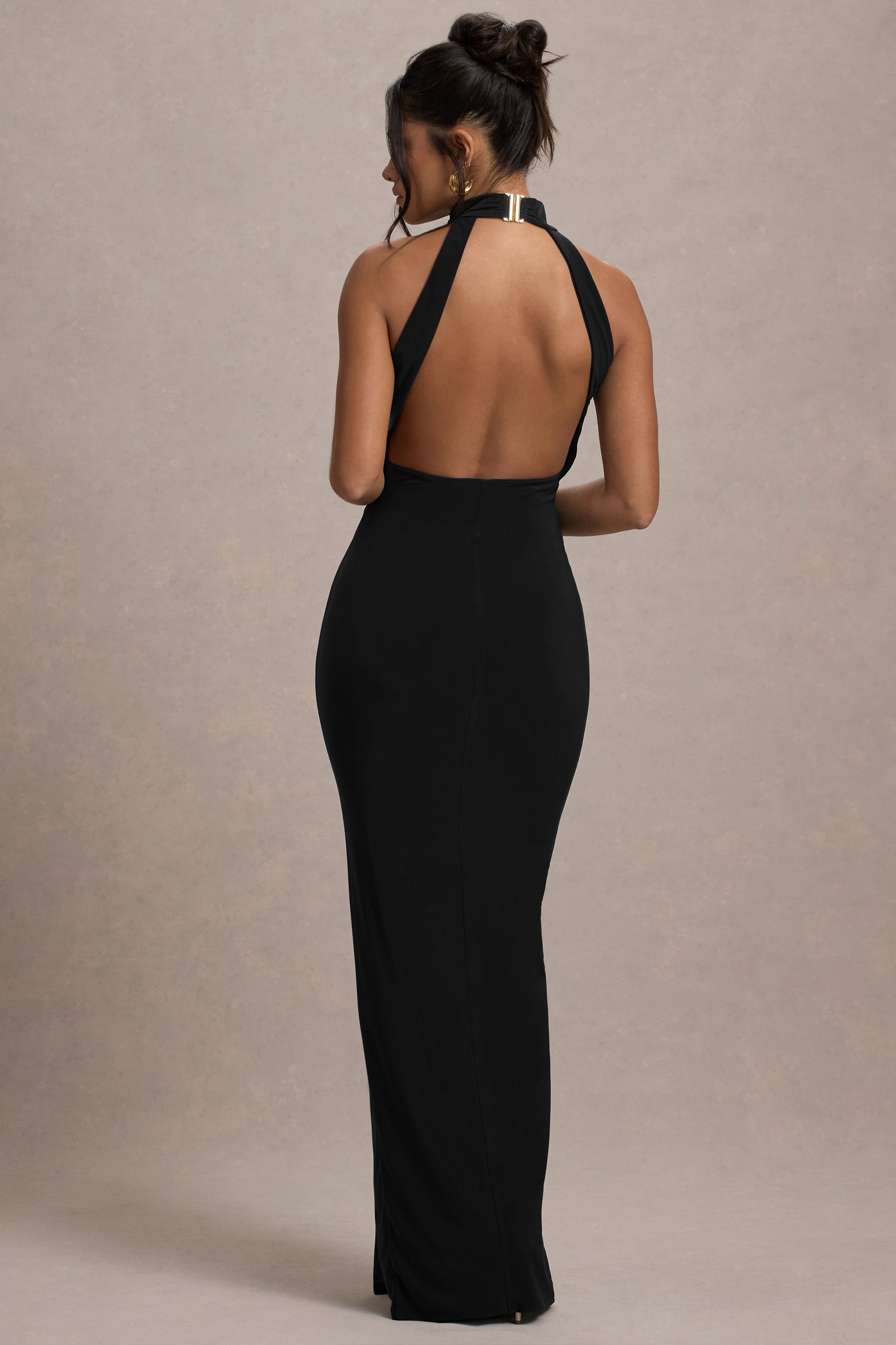 Khari | Black High-Neck Twisted Maxi Dress With Drape-Sowoom