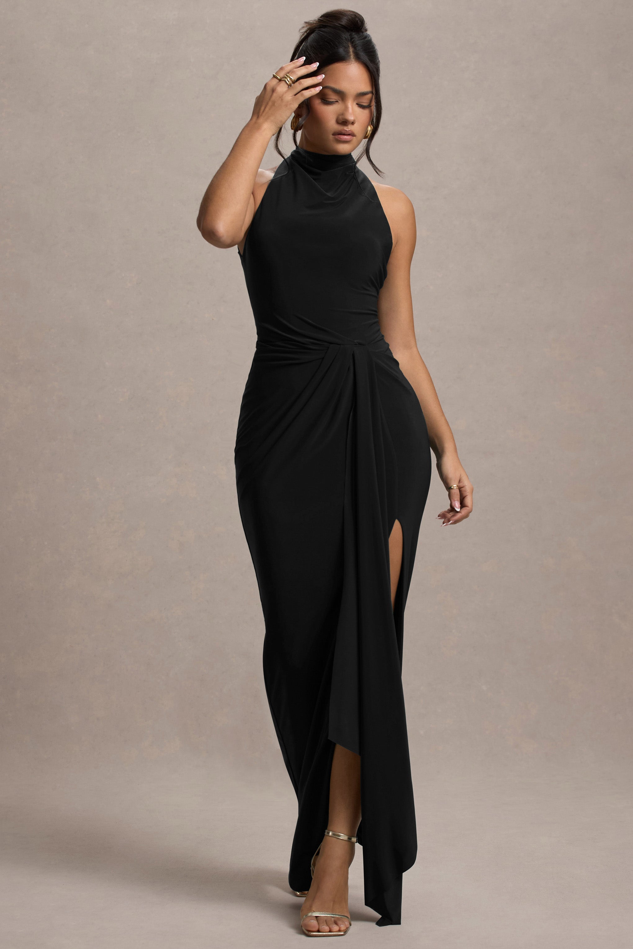 Khari | Black High-Neck Twisted Maxi Dress With Drape-Sowoom