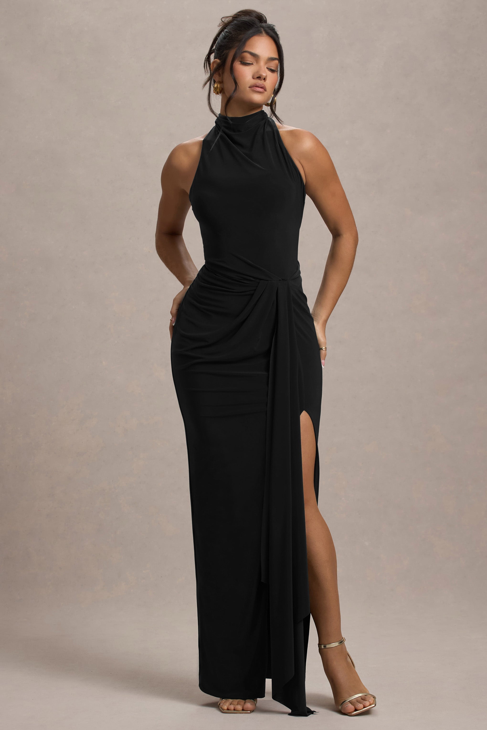 Khari | Black High-Neck Twisted Maxi Dress With Drape-Sowoom