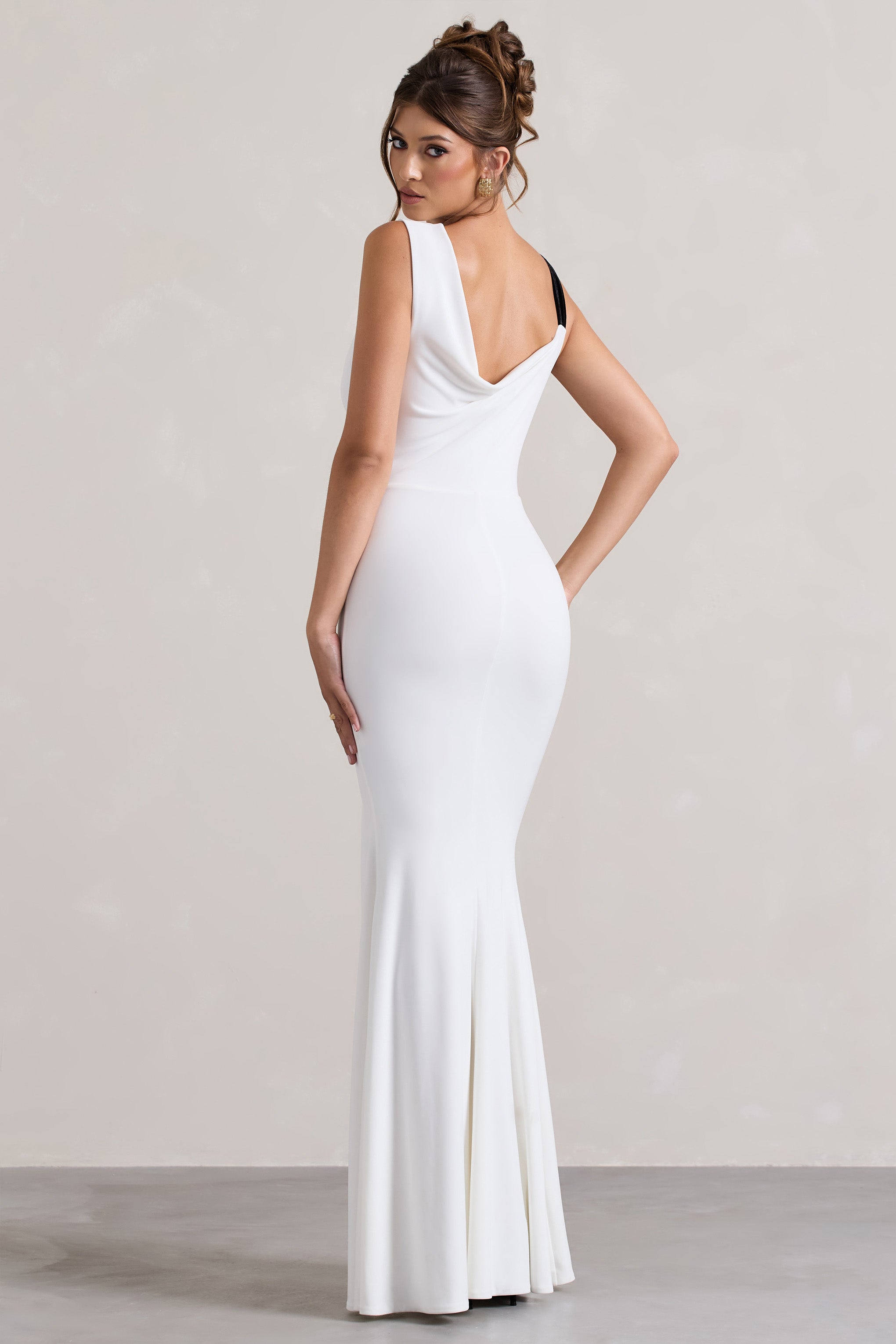 A Catch | White Cowl-Neck  Split Maxi Dress With Bow-Sowoom