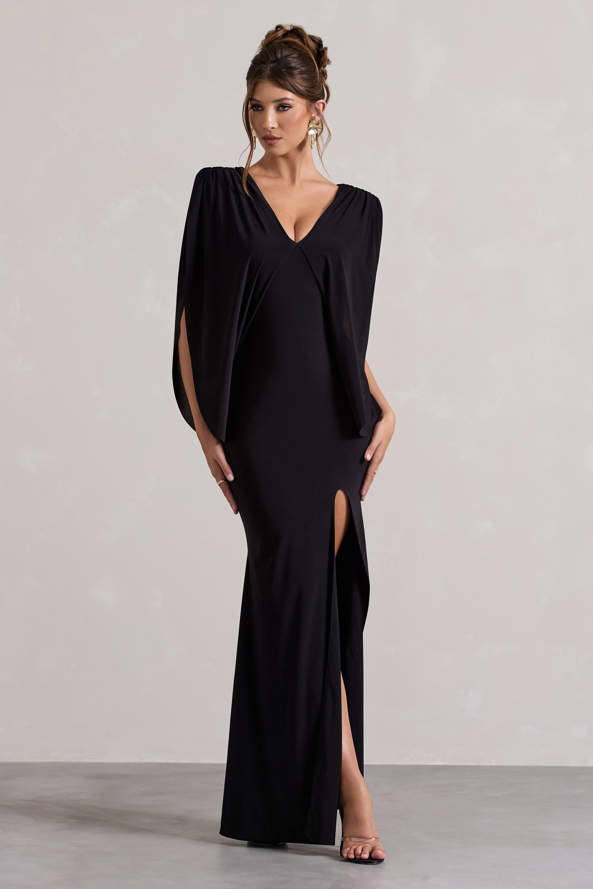 Perry | Black V-Neck Cape Sleeve Split Maxi Dress-Sowoom