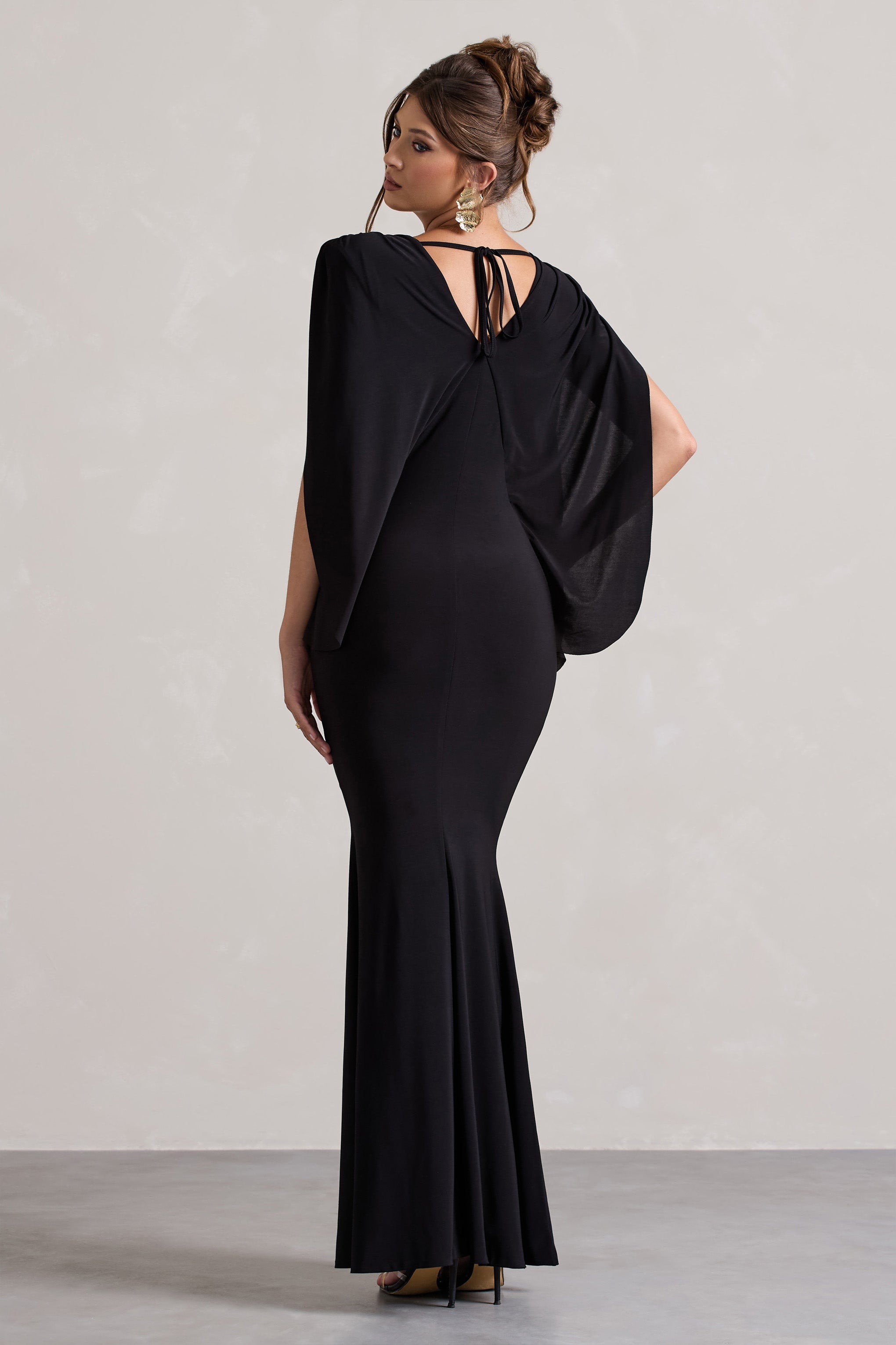 Perry | Black V-Neck Cape Sleeve Split Maxi Dress-Sowoom