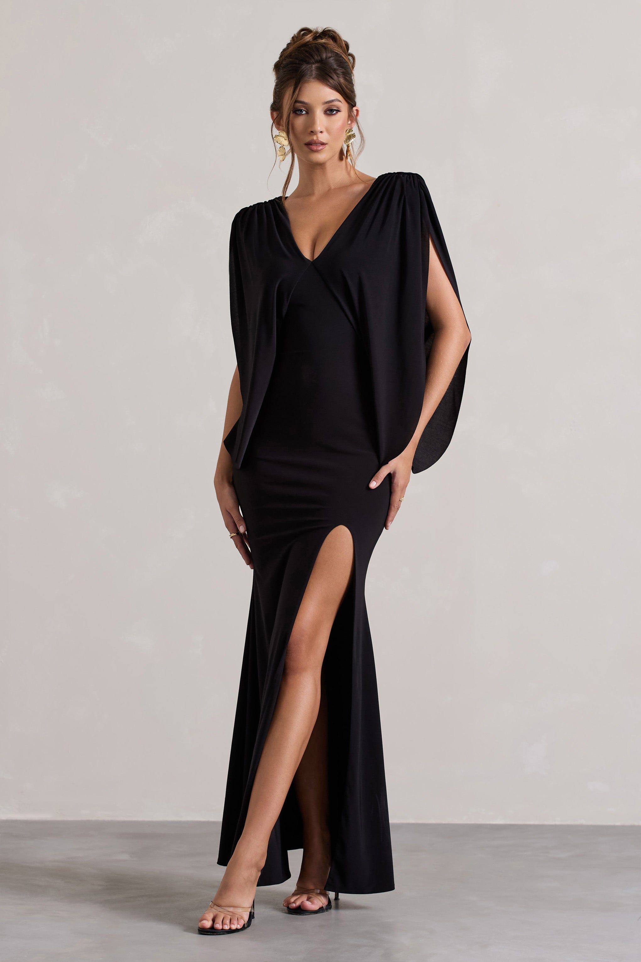Perry | Black V-Neck Cape Sleeve Split Maxi Dress-Sowoom