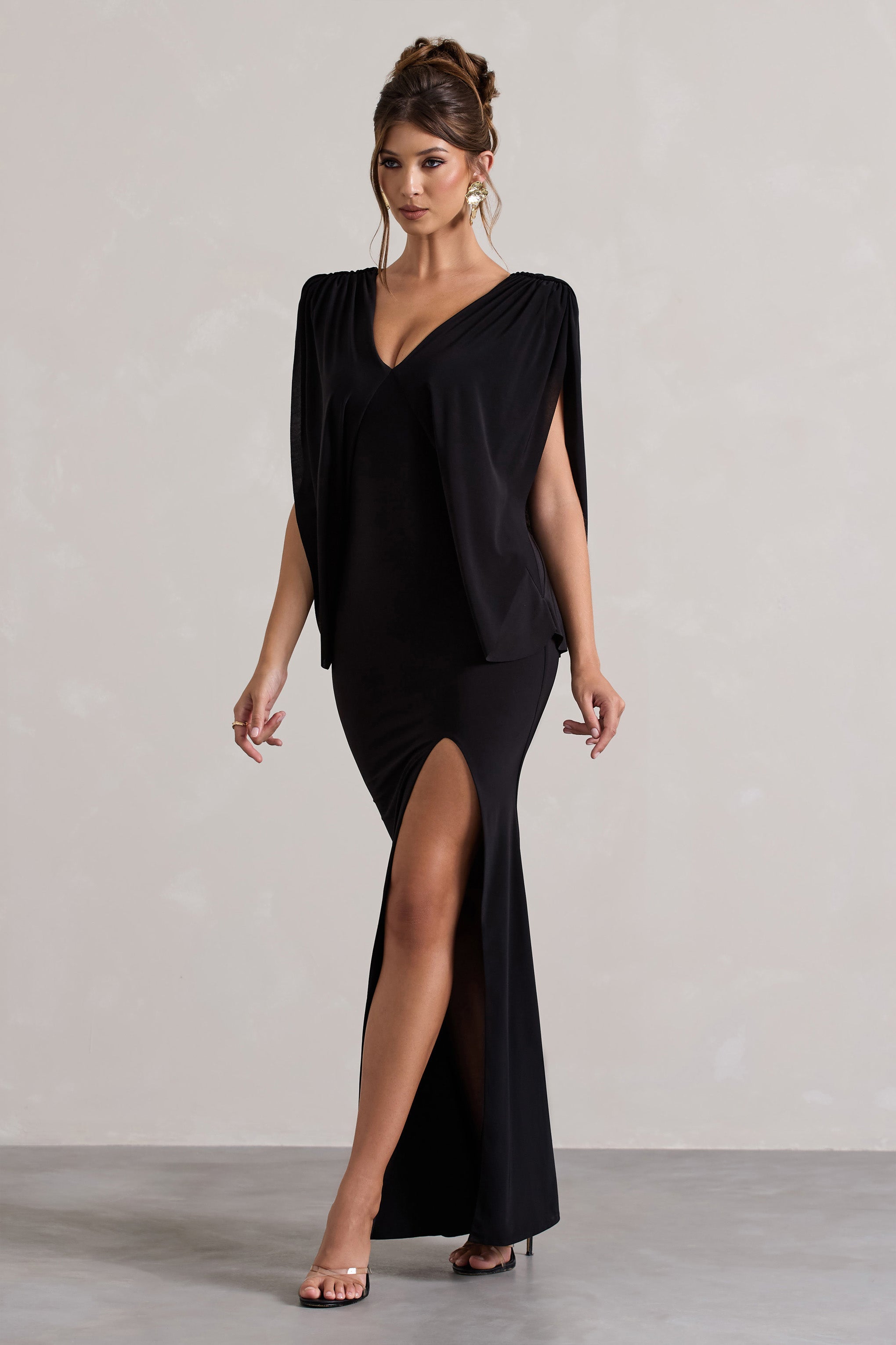 Perry | Black V-Neck Cape Sleeve Split Maxi Dress-Sowoom