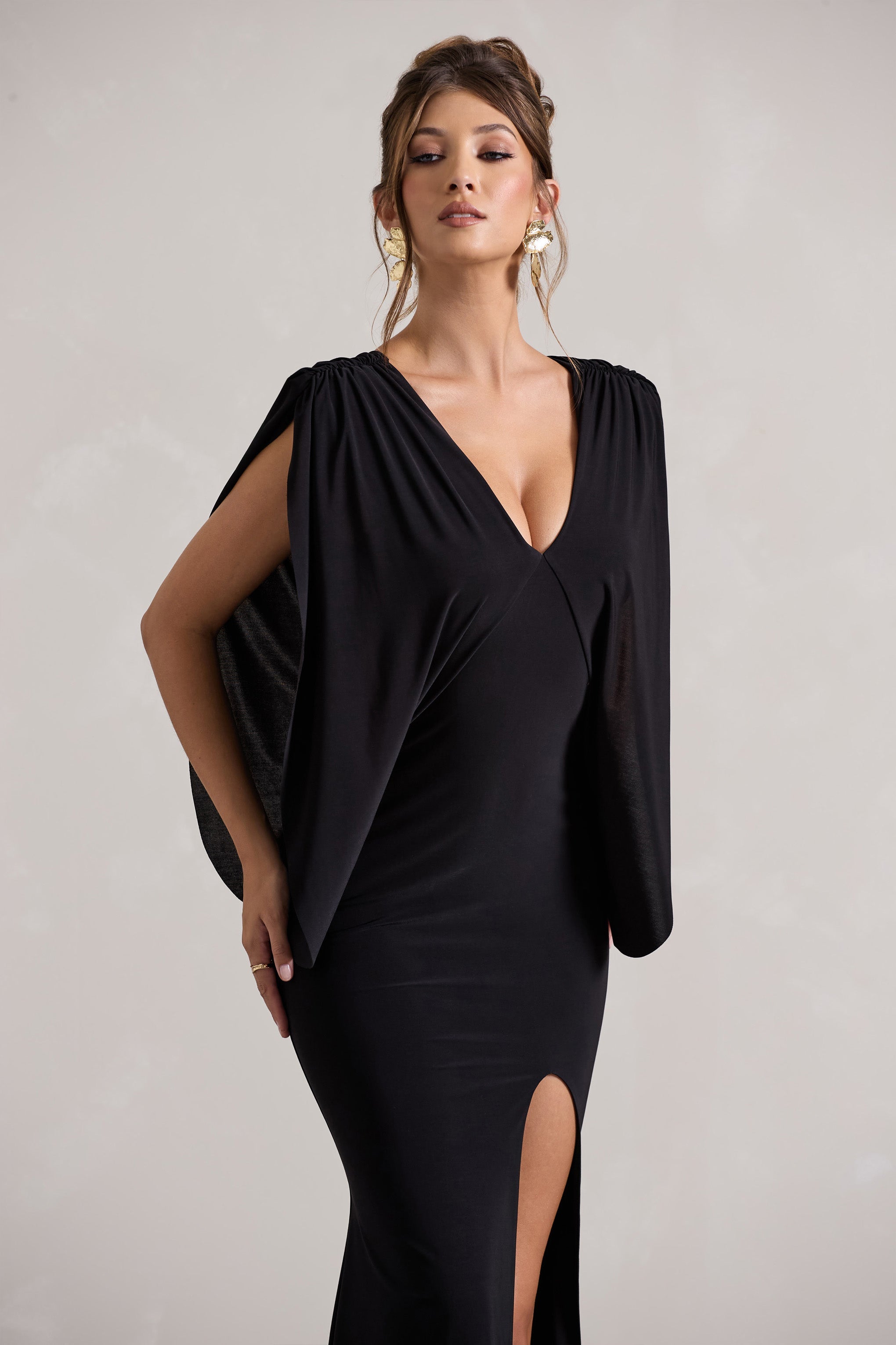 Perry | Black V-Neck Cape Sleeve Split Maxi Dress-Sowoom