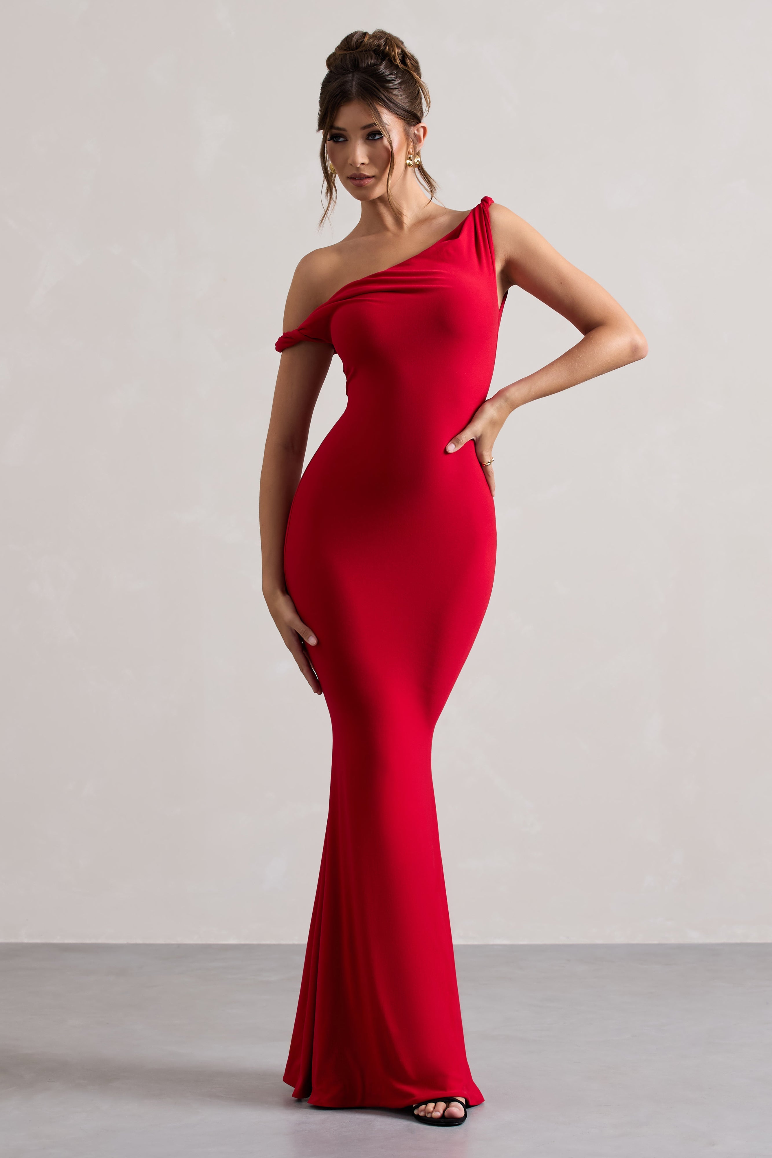 Lita | Red Twisted Asymmetric Maxi Dress-Sowoom