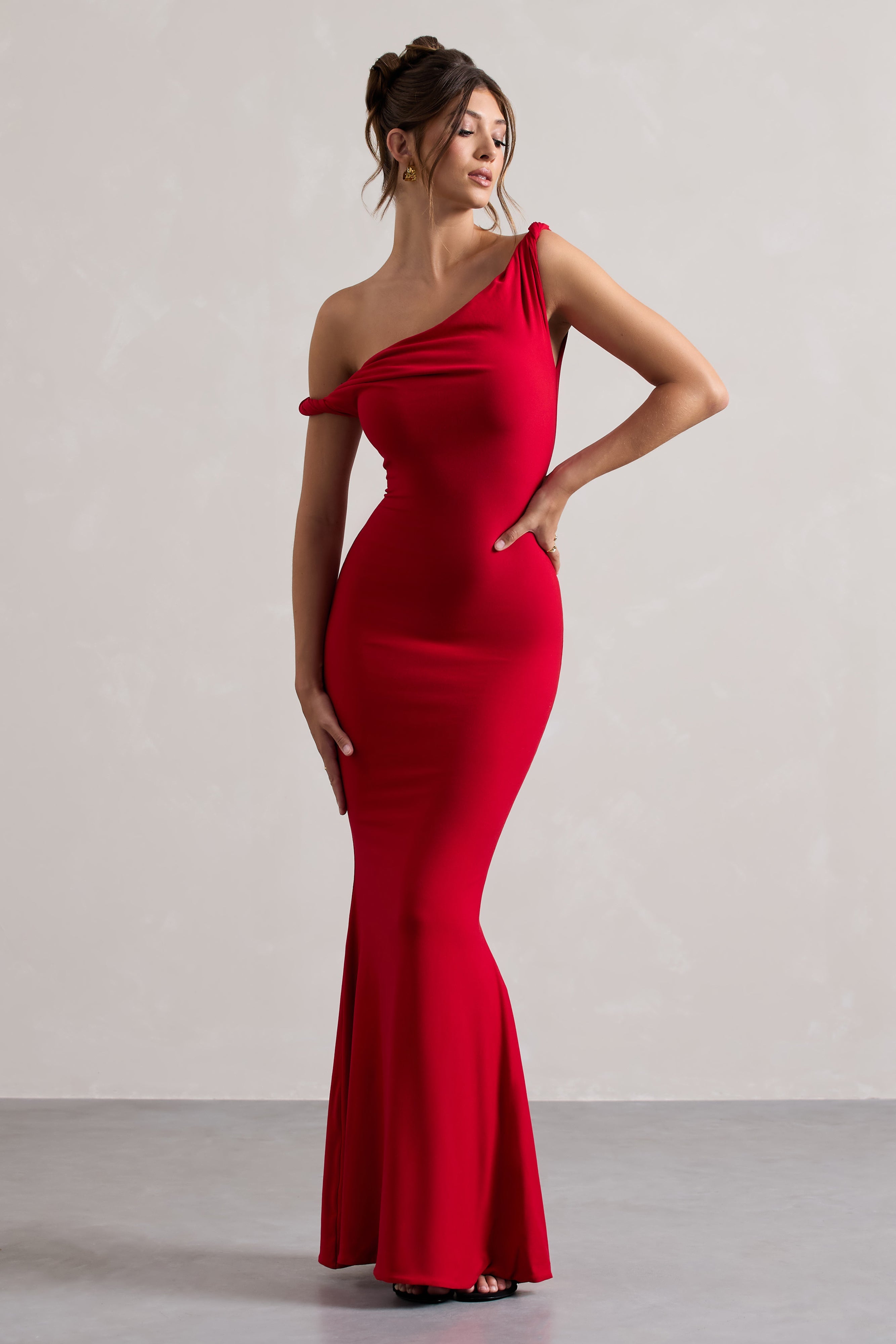 Lita | Red Twisted Asymmetric Maxi Dress-Sowoom