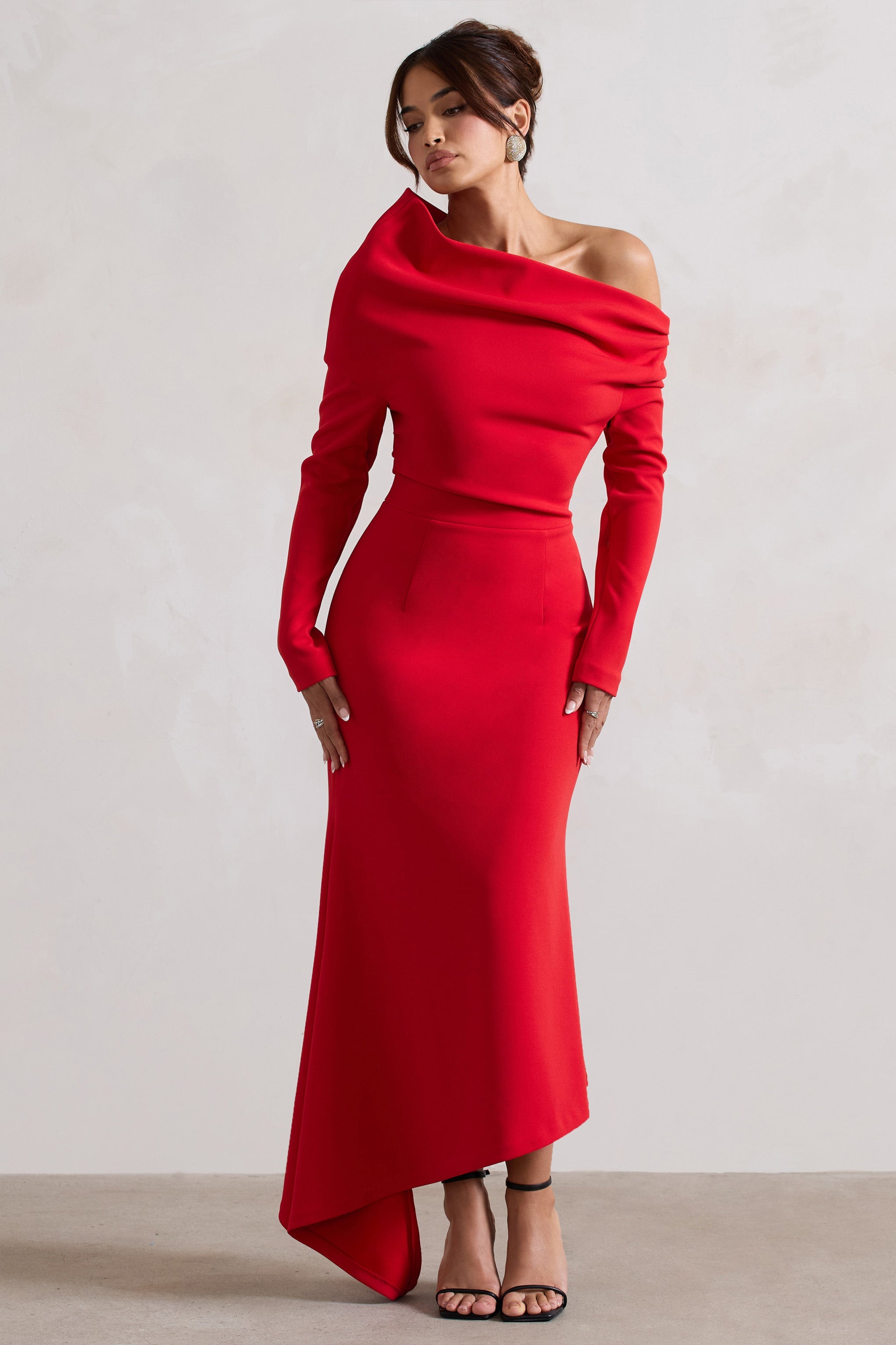 Lou | Red One-Shoulder Asymmetric Maxi Dress-Sowoom