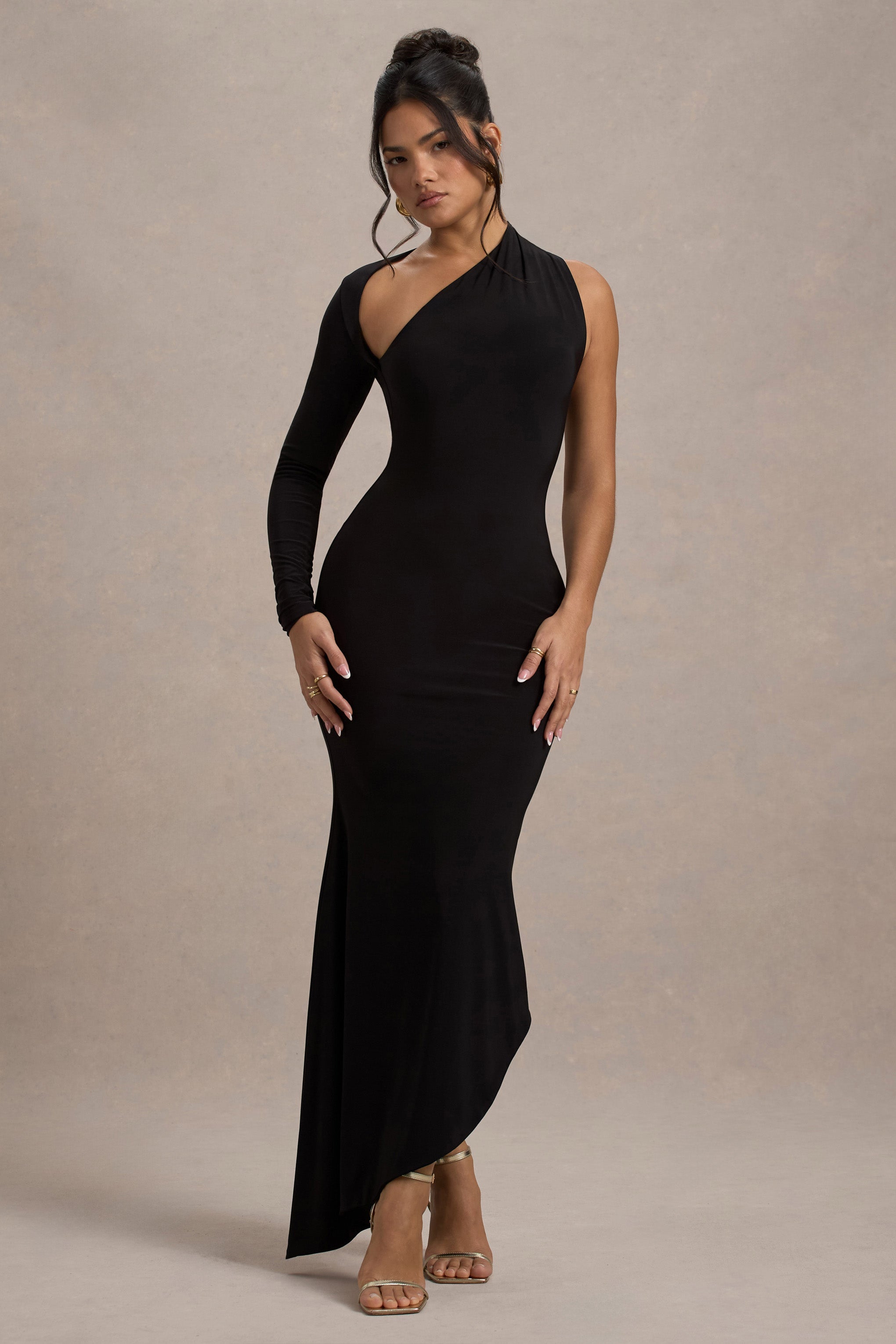Orsa | Black One-Shoulder Asymmetric Maxi Dress-Sowoom