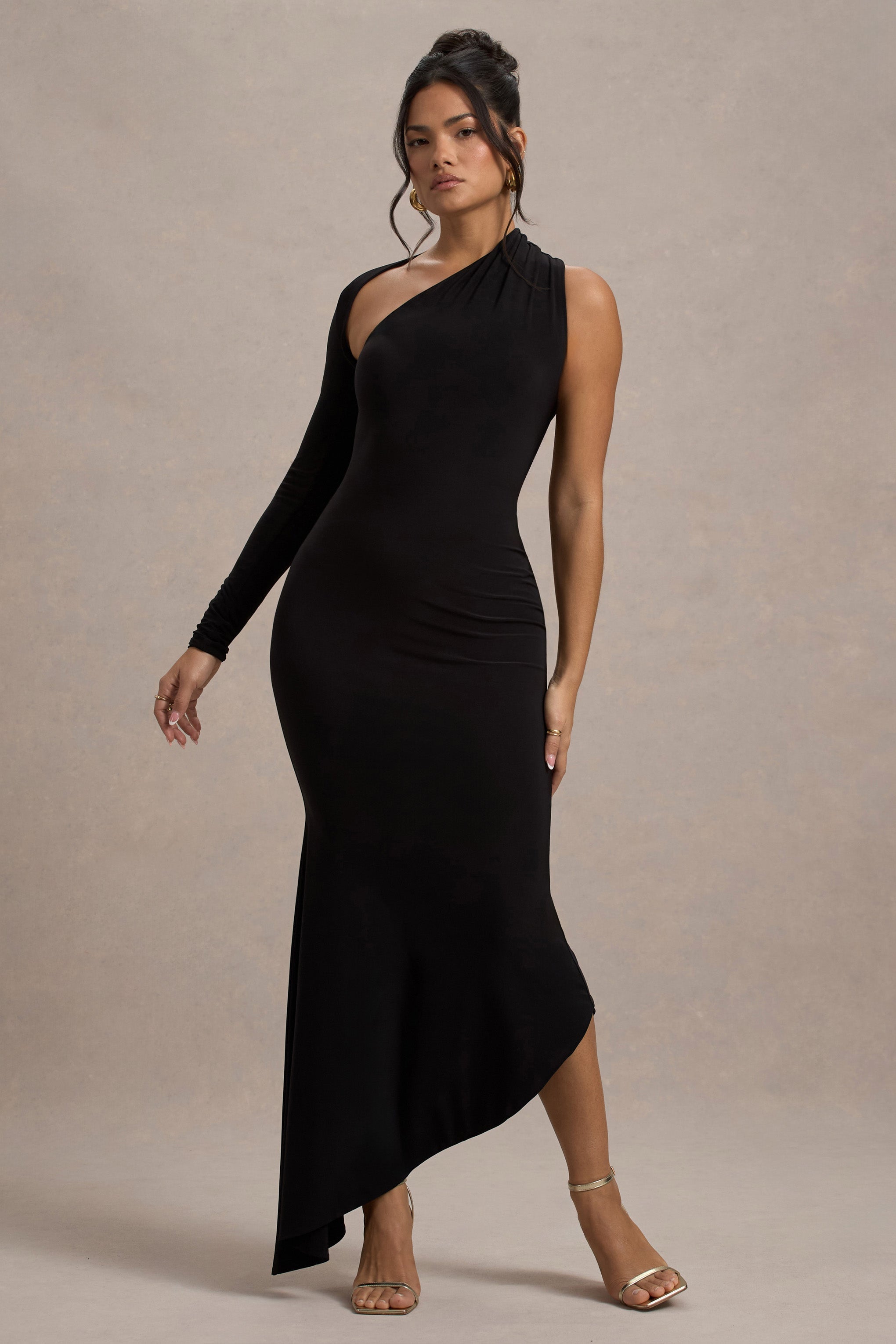 Orsa | Black One-Shoulder Asymmetric Maxi Dress-Sowoom