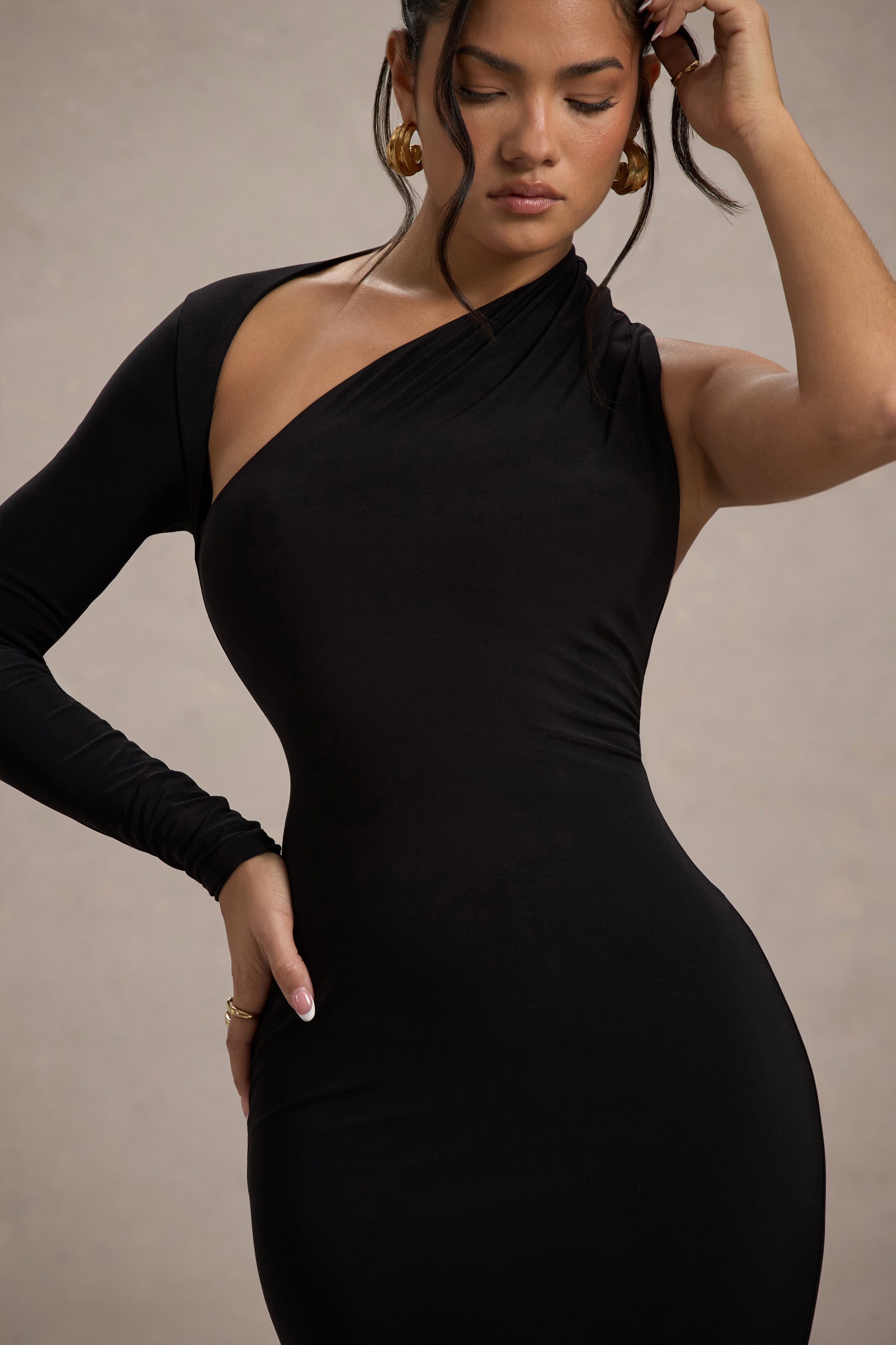 Orsa | Black One-Shoulder Asymmetric Maxi Dress-Sowoom