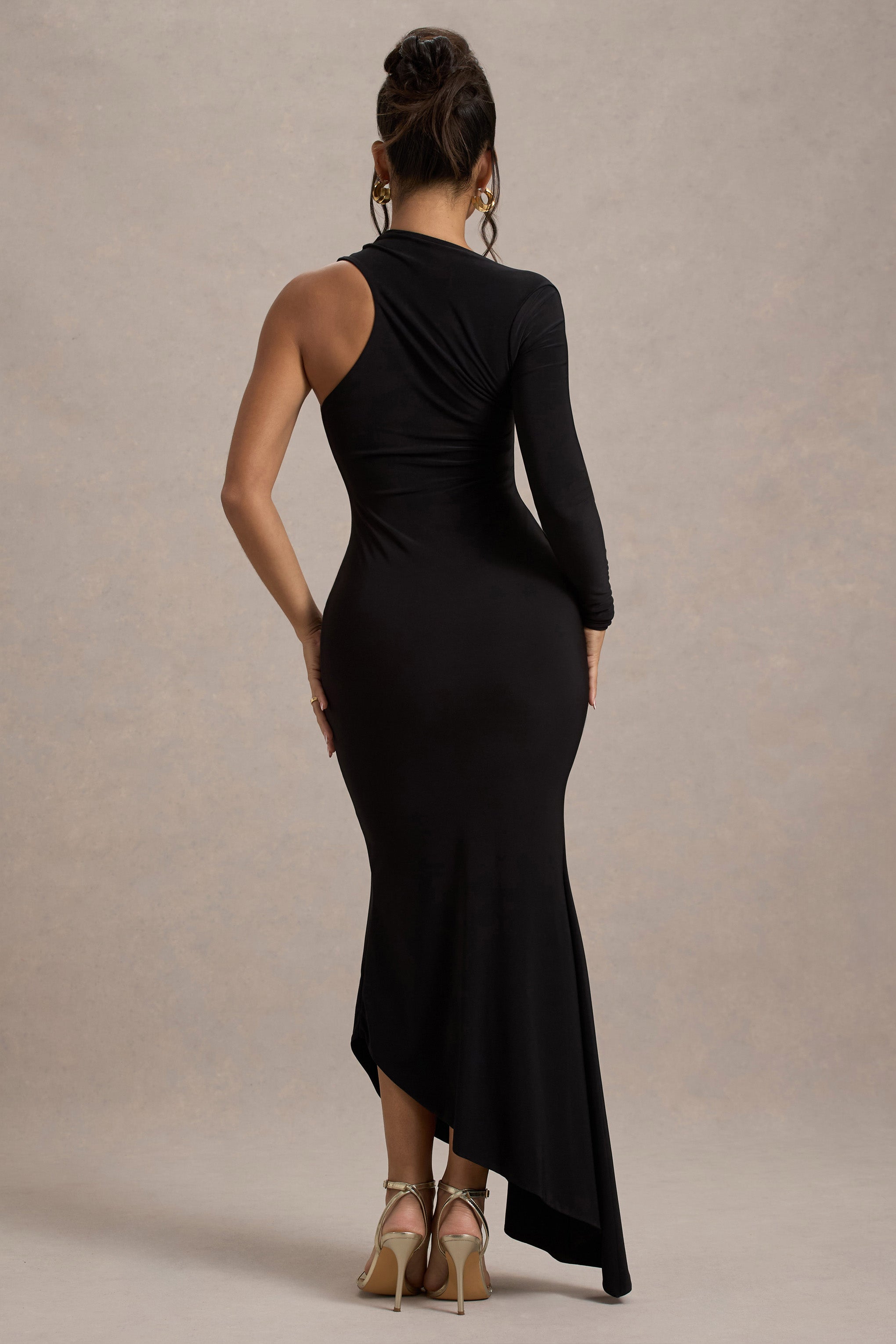 Orsa | Black One-Shoulder Asymmetric Maxi Dress-Sowoom