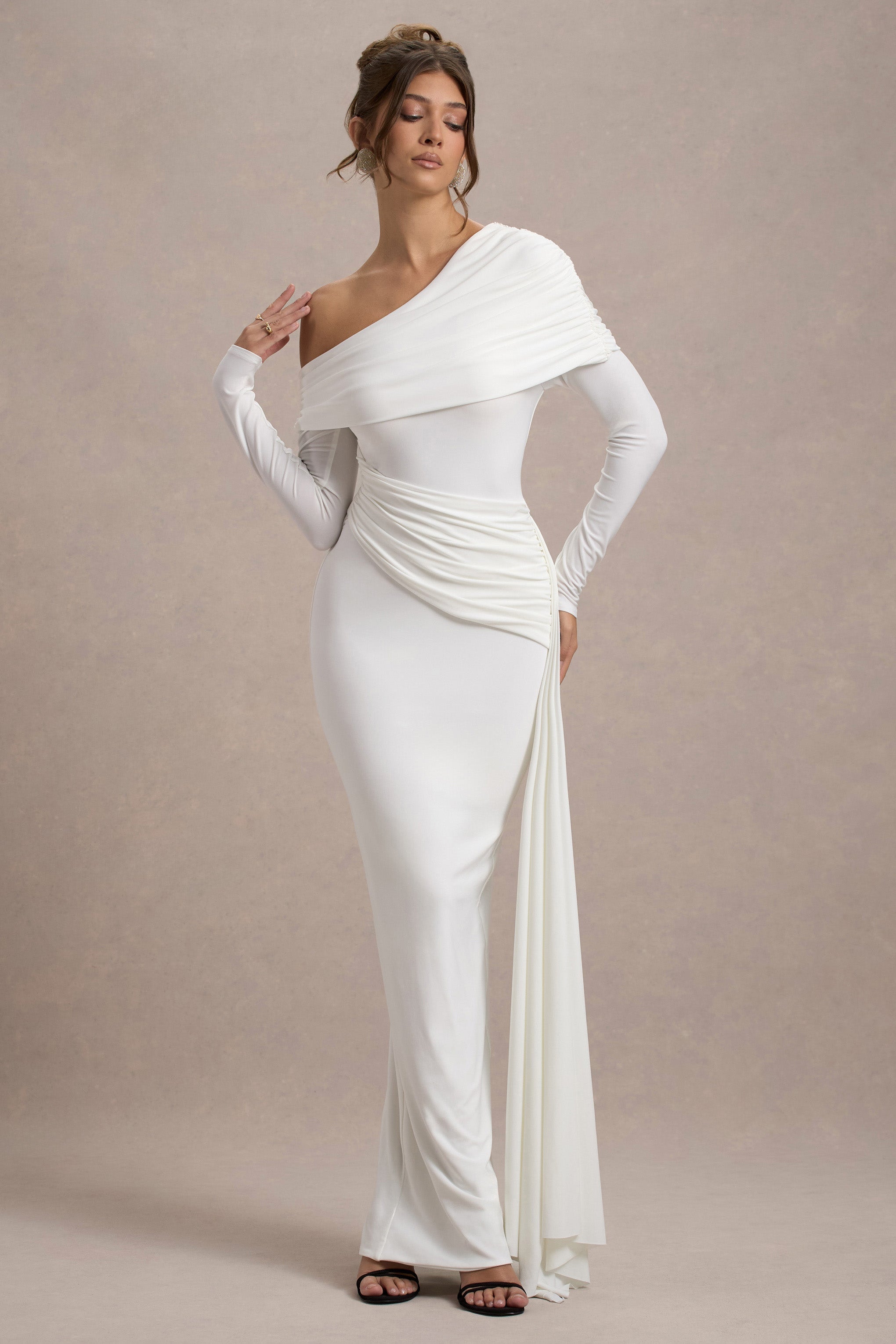 Valina | White Ruched Asymmetric Maxi Dress With Drape-Sowoom