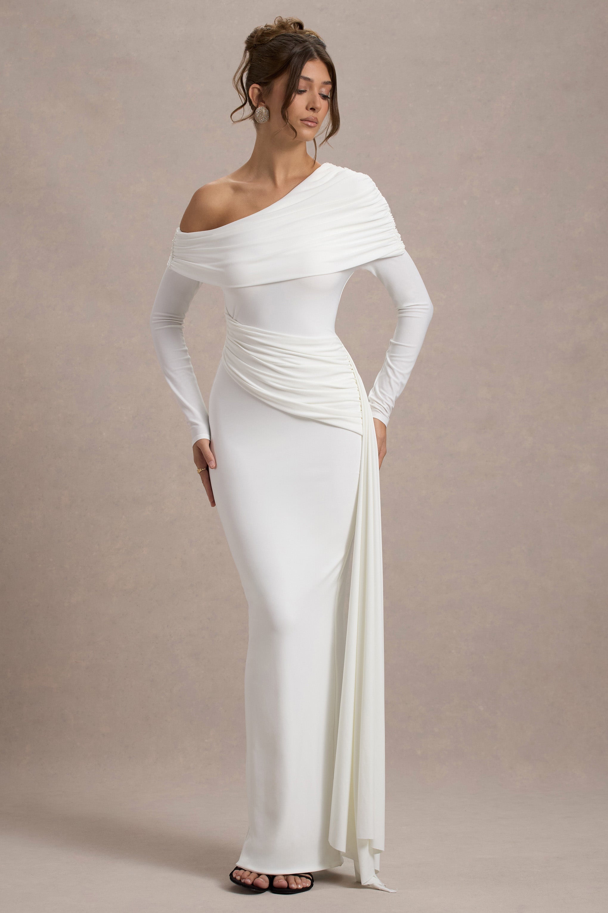 Valina | White Ruched Asymmetric Maxi Dress With Drape-Sowoom