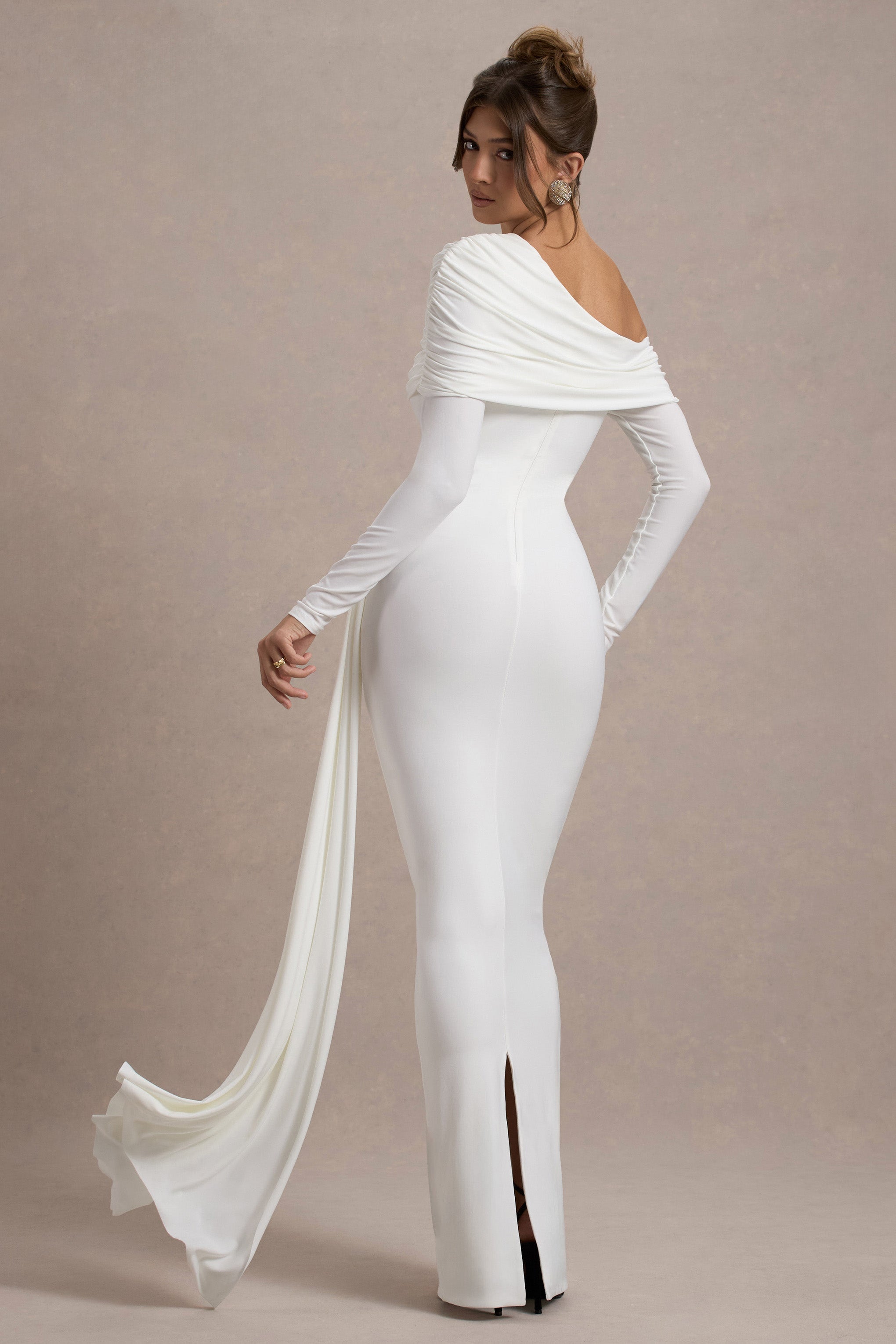 Valina | White Ruched Asymmetric Maxi Dress With Drape-Sowoom