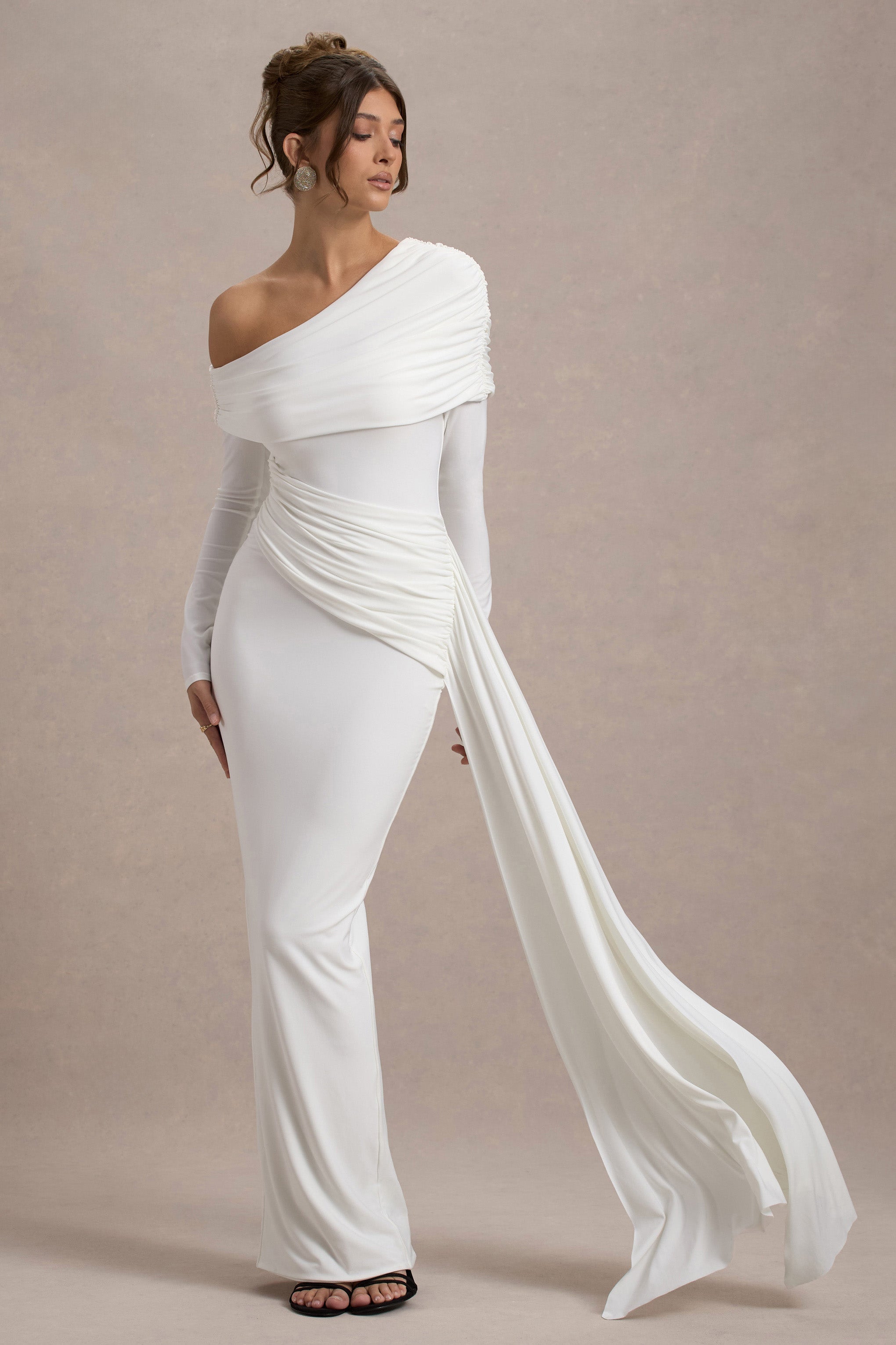 Valina | White Ruched Asymmetric Maxi Dress With Drape-Sowoom