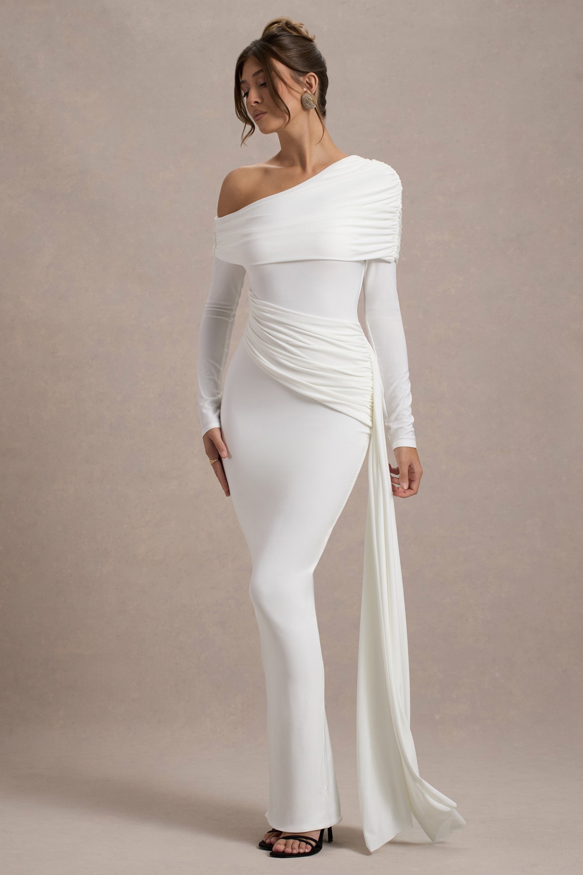 Valina | White Ruched Asymmetric Maxi Dress With Drape-Sowoom