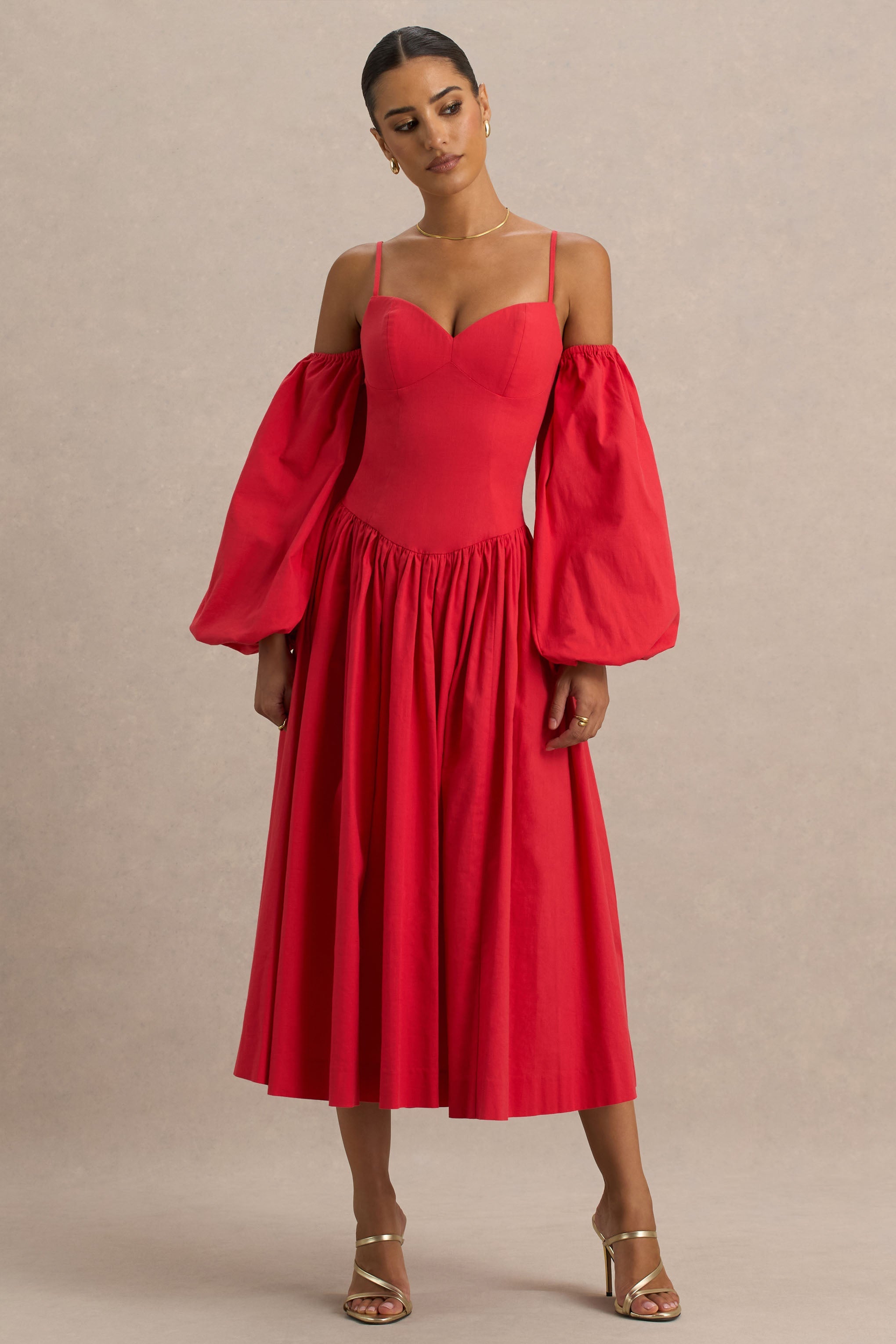 Macie | Red Sweetheart Midi Dress With Balloon Sleeves-Sowoom