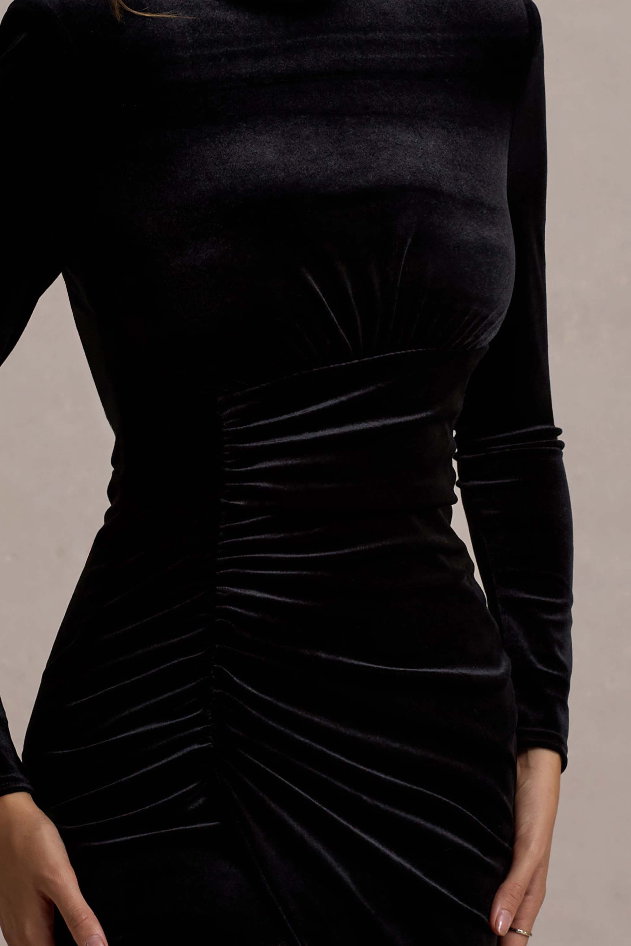 Jaz | Black Velvet High-Neck Gathered Split Maxi Dress-Sowoom