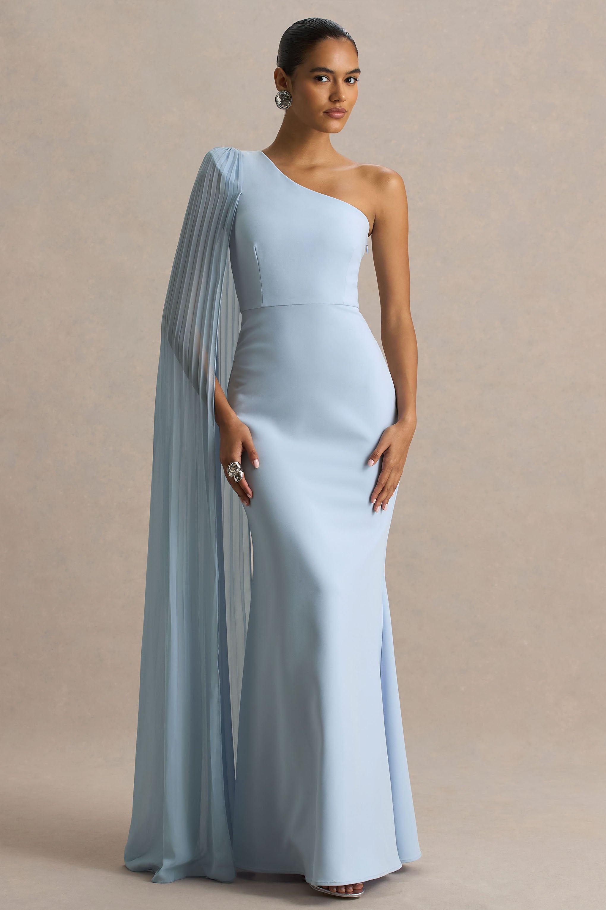 Athens | Powder Blue Asymmetric-Neck Maxi Dress With Cape Sleeve Detail-Sowoom