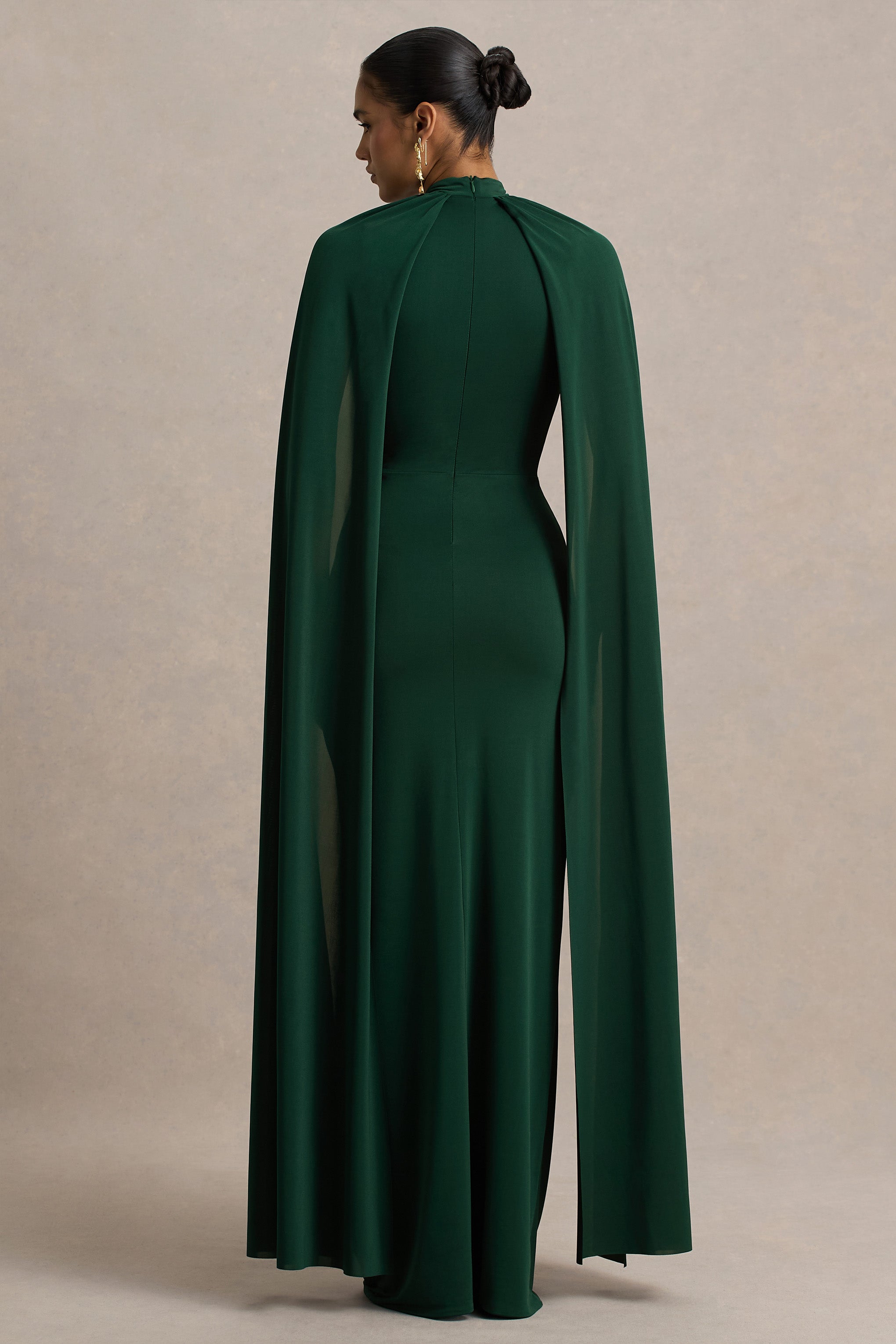 Darielle | Bottle Green High-Neck Cape-Sleeve Maxi Dress-Sowoom