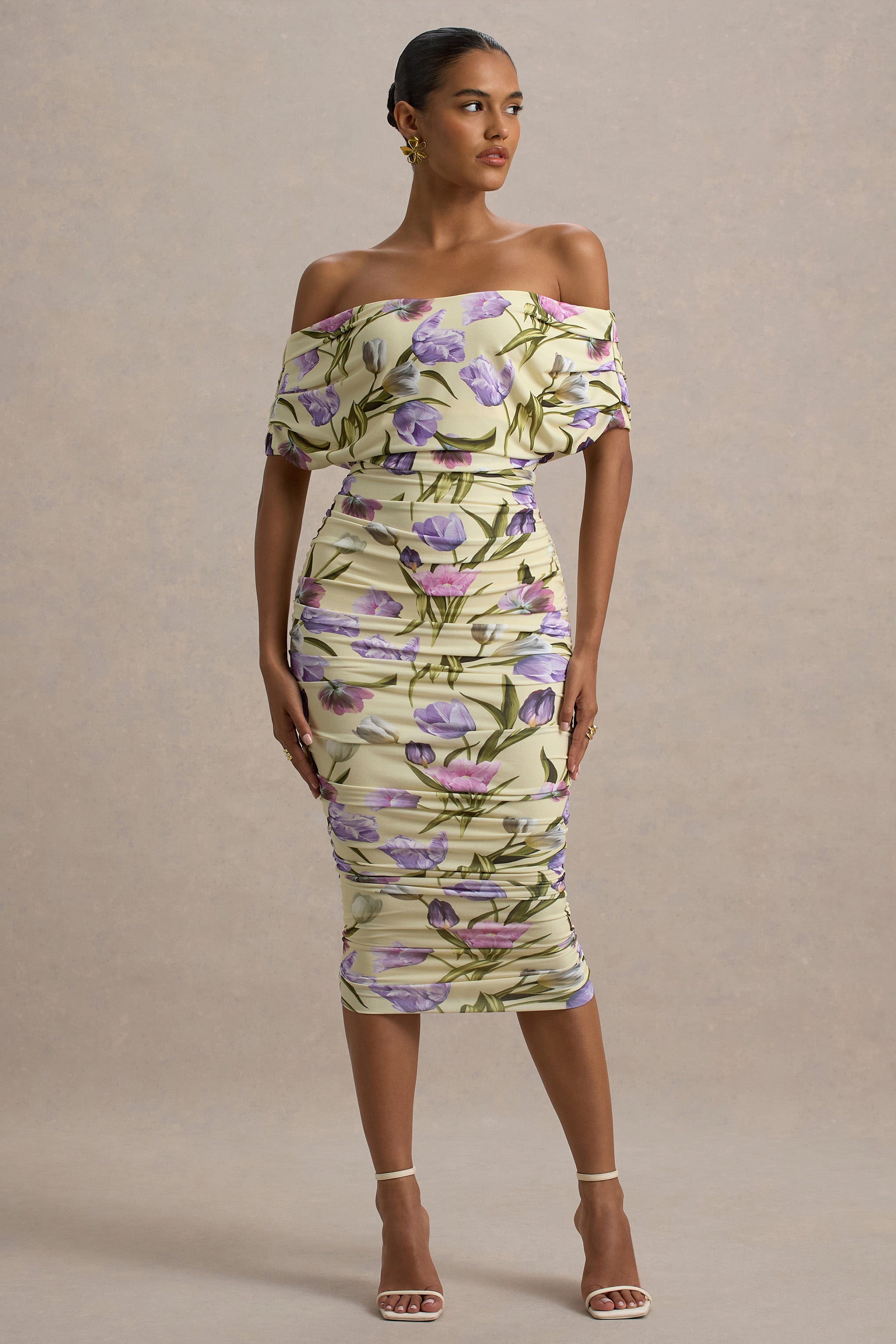 Rayleigh | Tulip Floral Print  Bardot Ruched Midi Dress-Sowoom