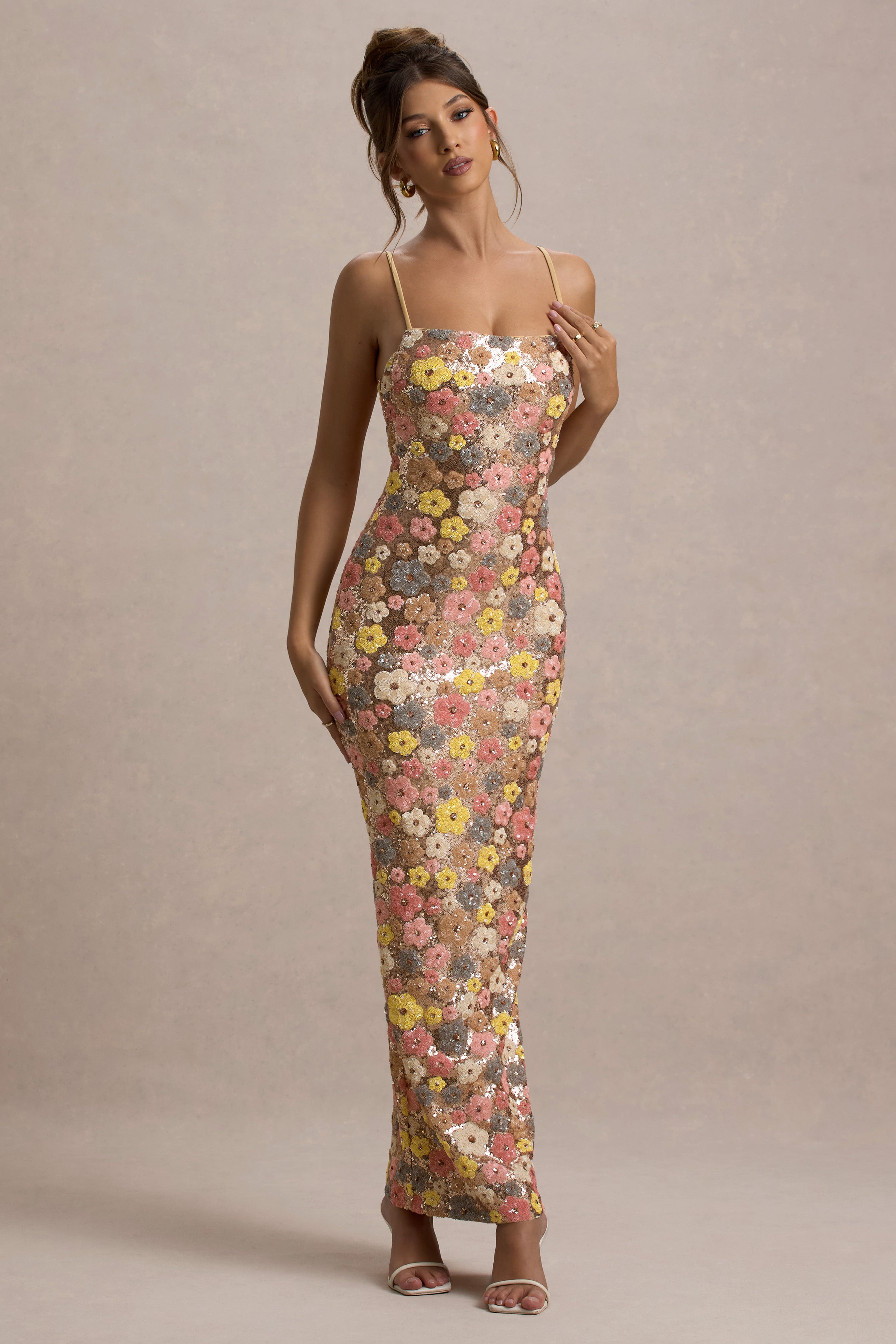 Vitora | Pastel Floral Print Embellished Sequin Square-Neck Maxi Dress-Sowoom