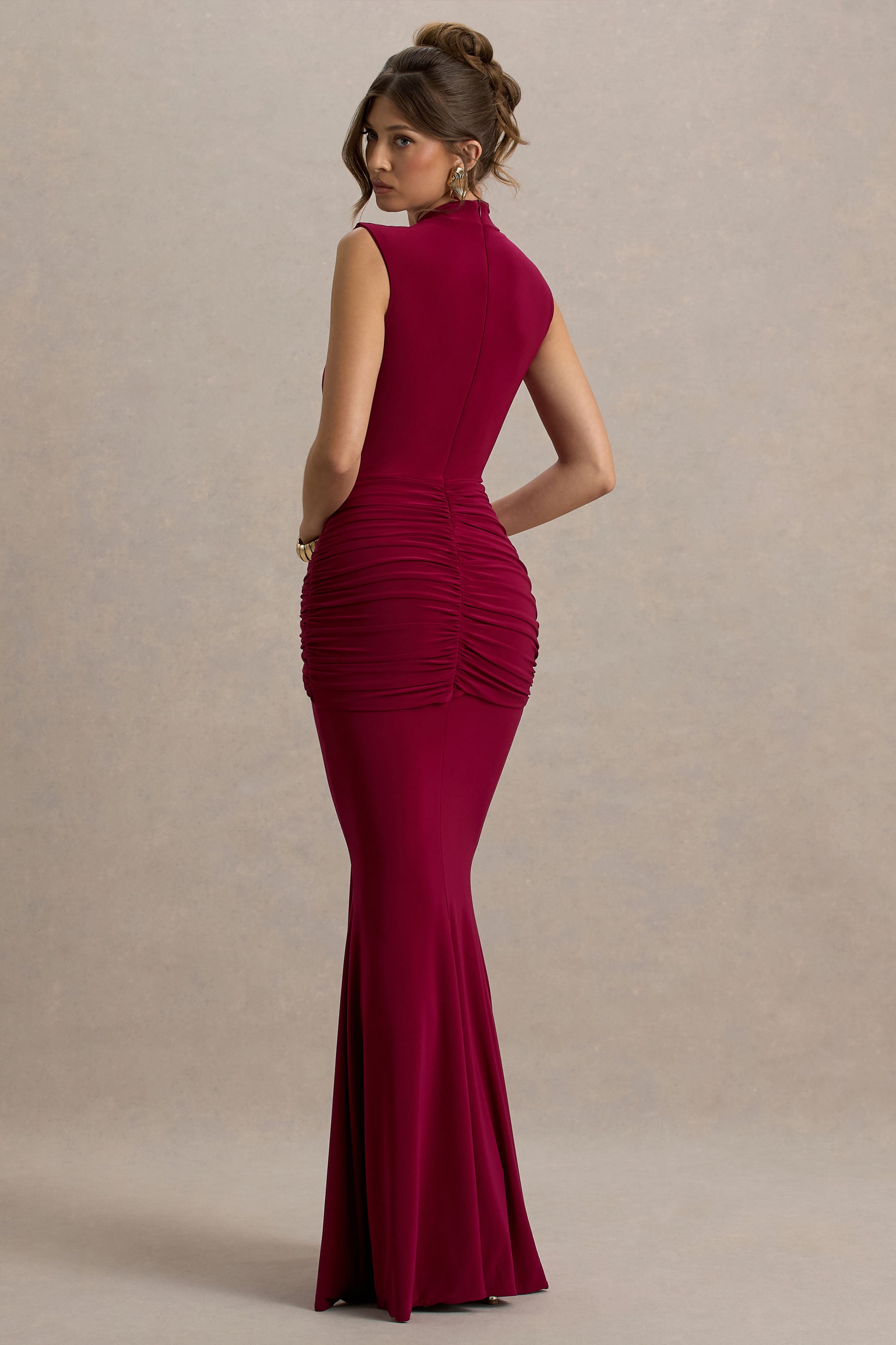 Graziana | Burgundy High-Neck Gathered Draped Maxi Dress-Sowoom