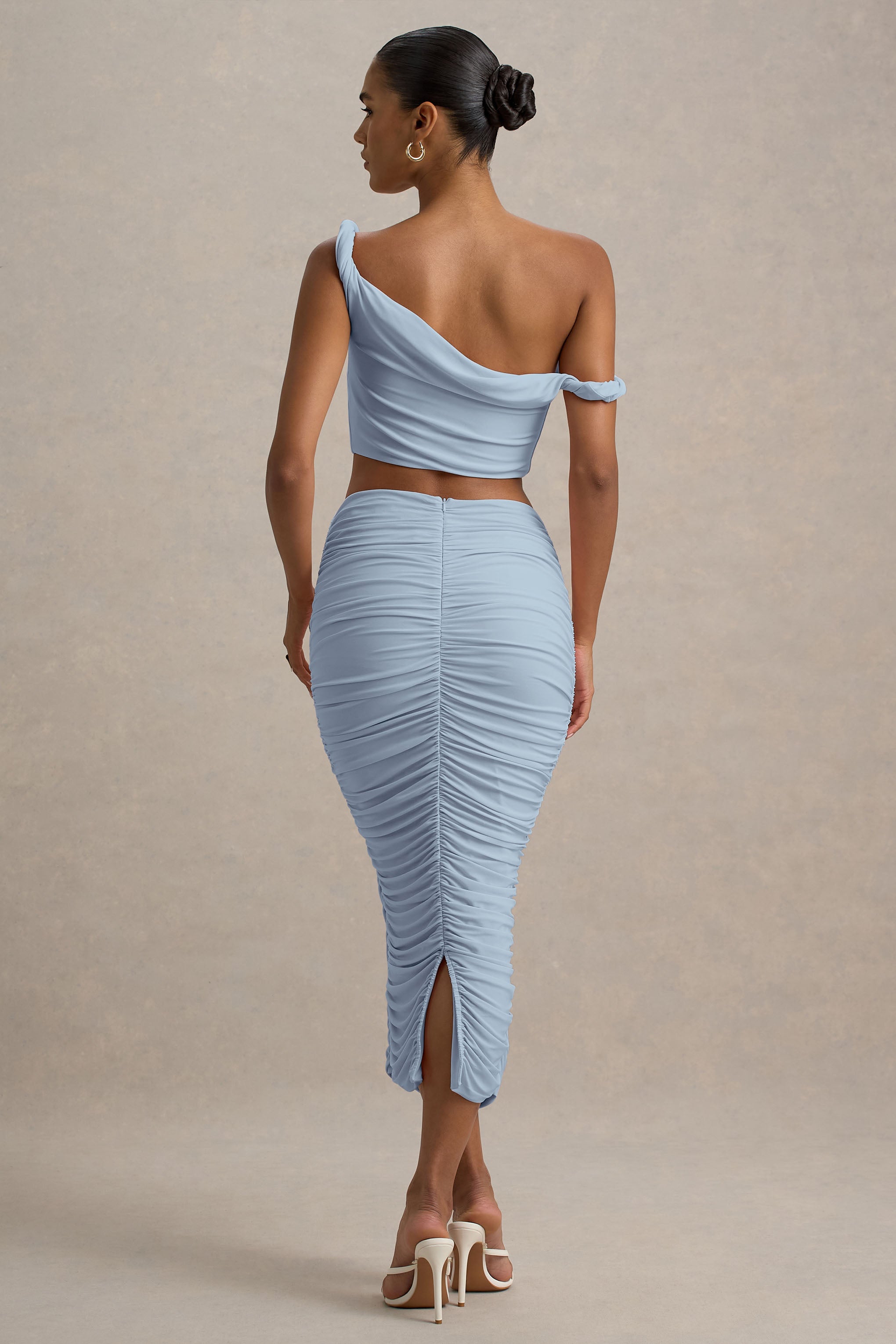 Lively | Powder Blue Ruched Midi Skirt-Sowoom