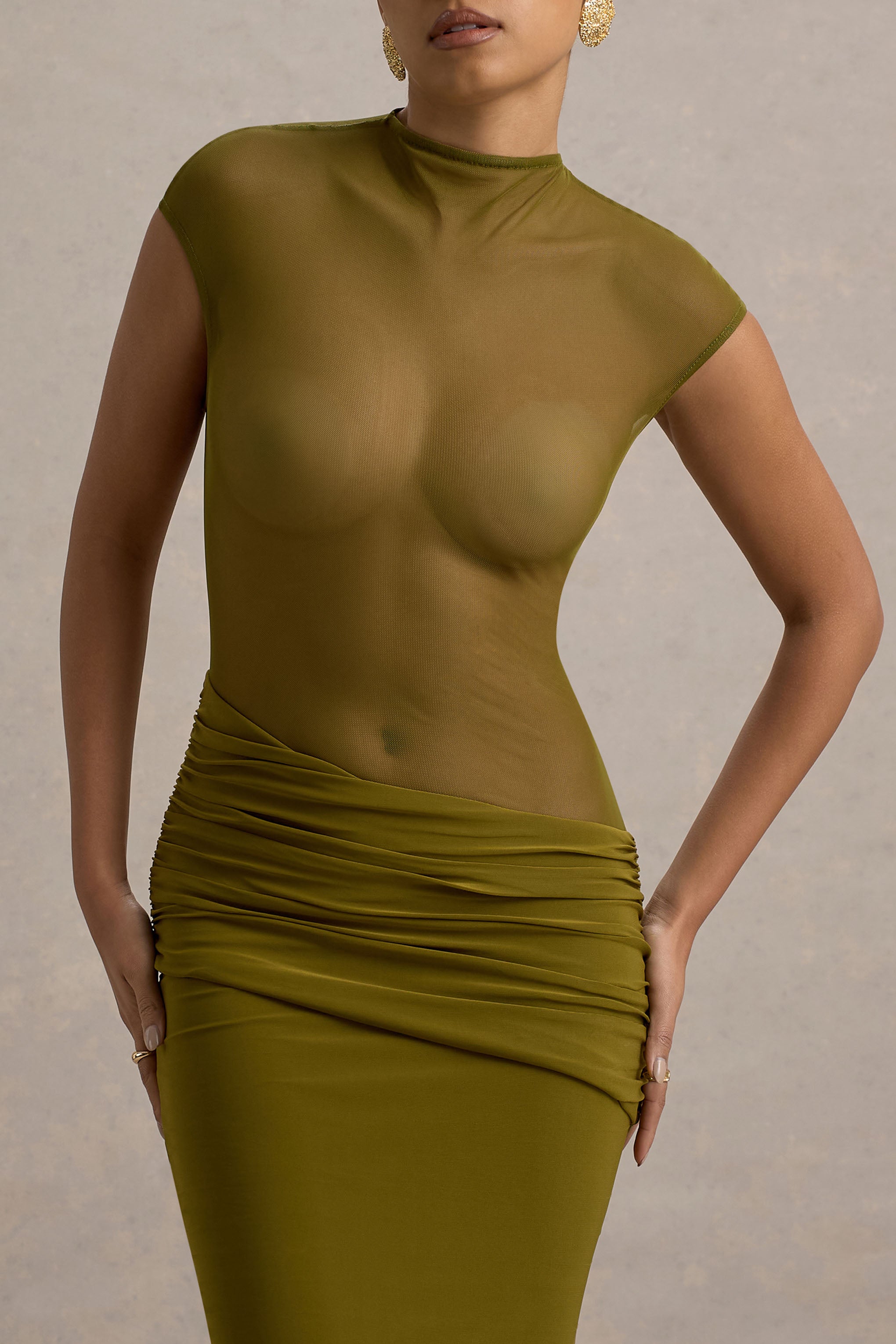 Asia | Green Sheer Short-Sleeve Draped Maxi Dress-Sowoom