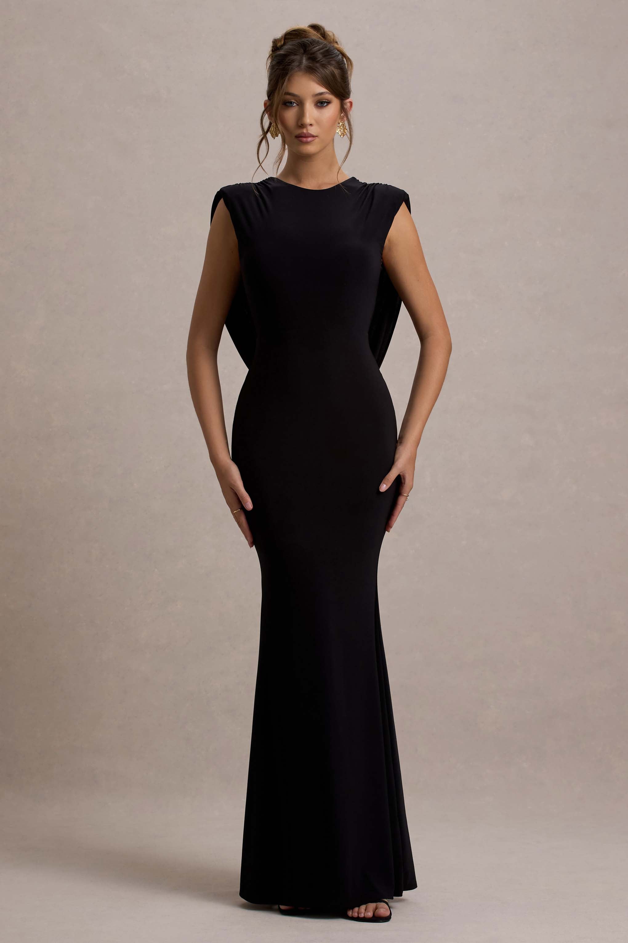 To The Moon | Black Cowl-Back Maxi Dress-Sowoom