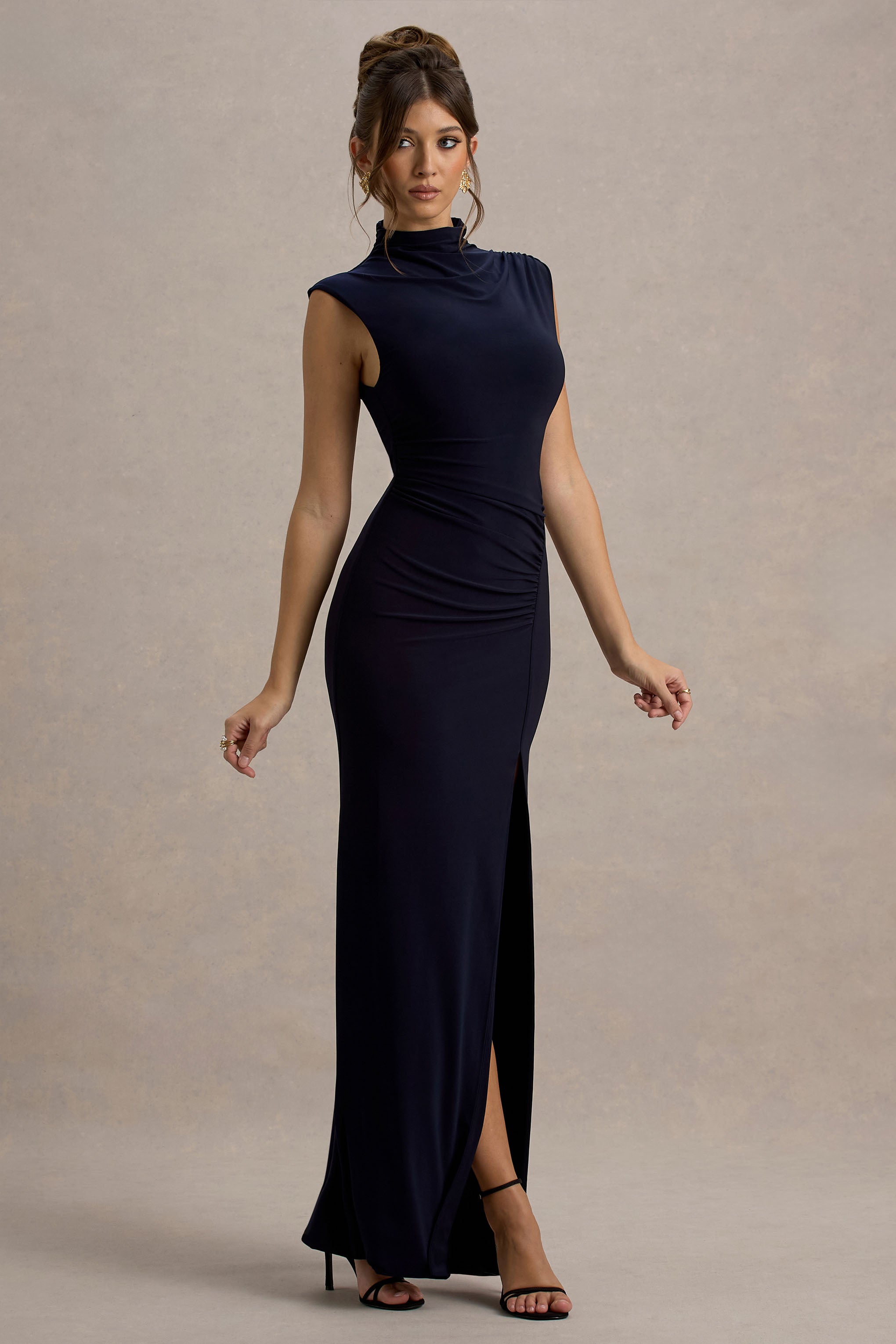 Lanetta | Navy Ruched High-Neck Maxi Dress With Split-Sowoom