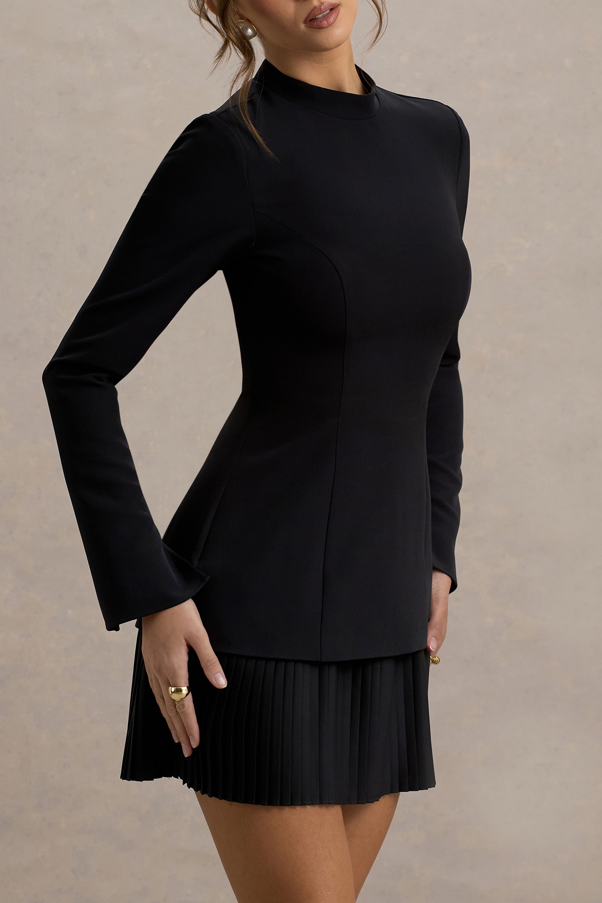 Athena | Black Long-Sleeve Mini Dress With Pleated Hem-Sowoom