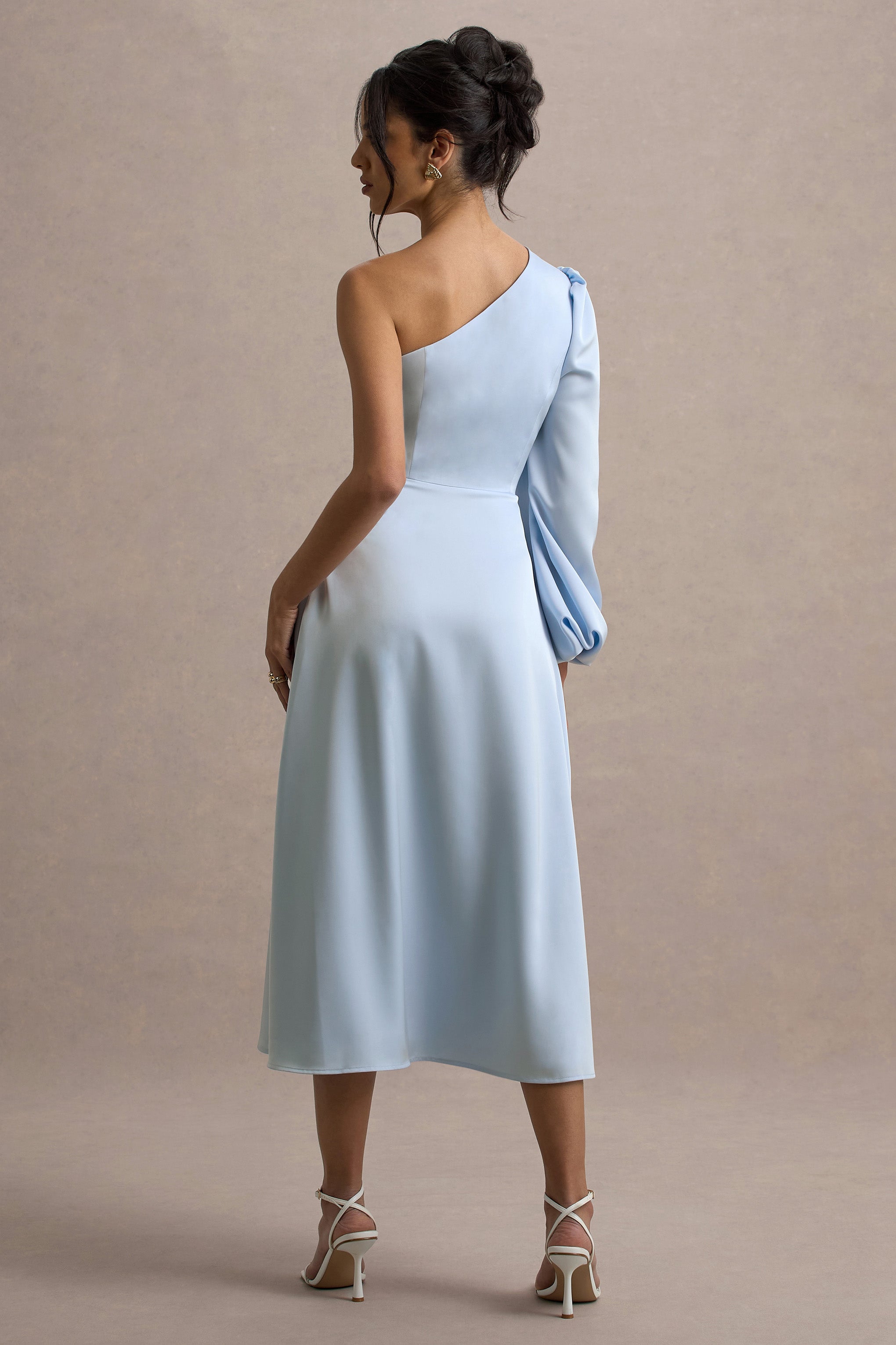 Haila | Powder Blue Satin One-Shoulder Midi Dress-Sowoom