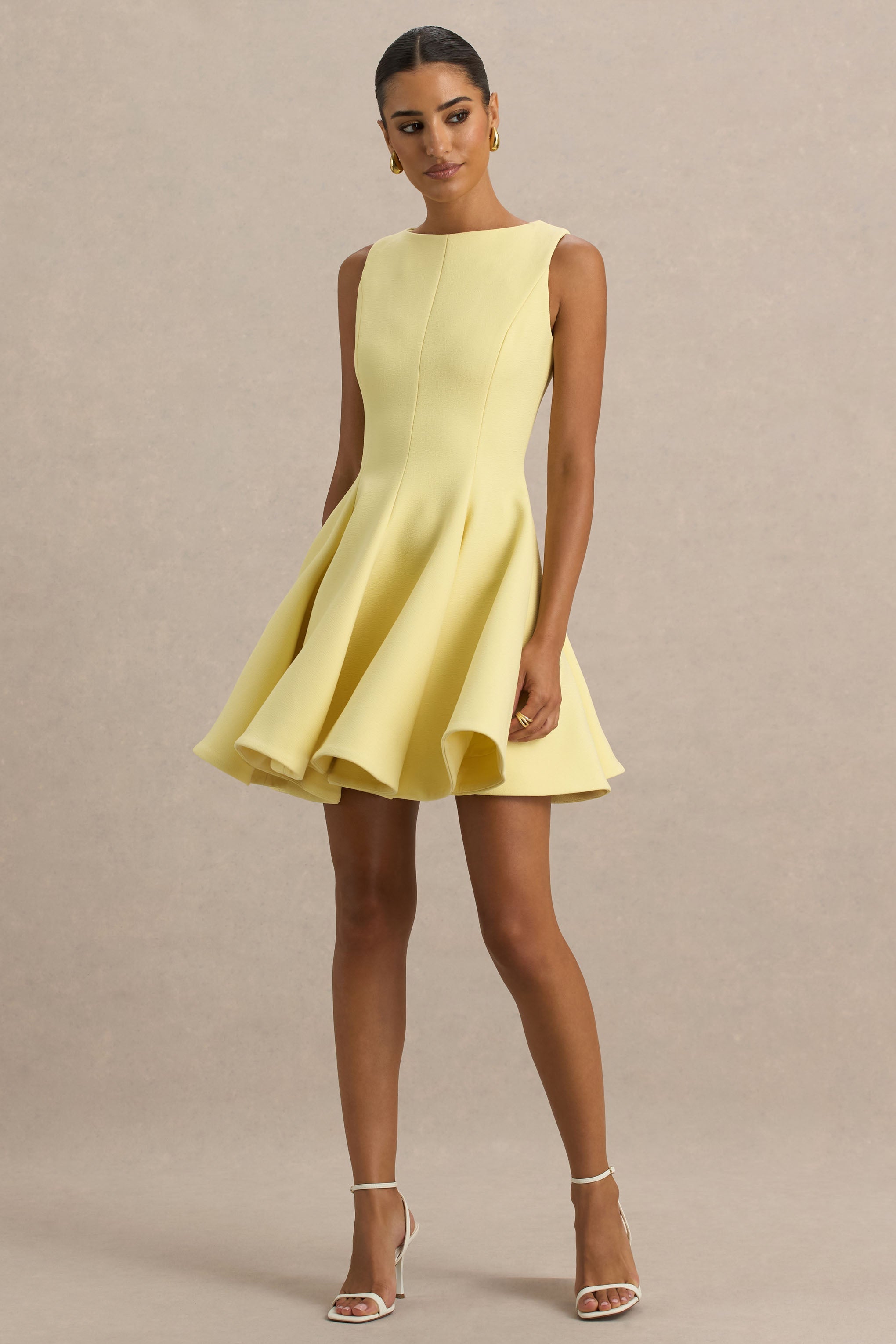 Gabrielle | Lemon Boat-Neck Skater Mini Dress-Sowoom