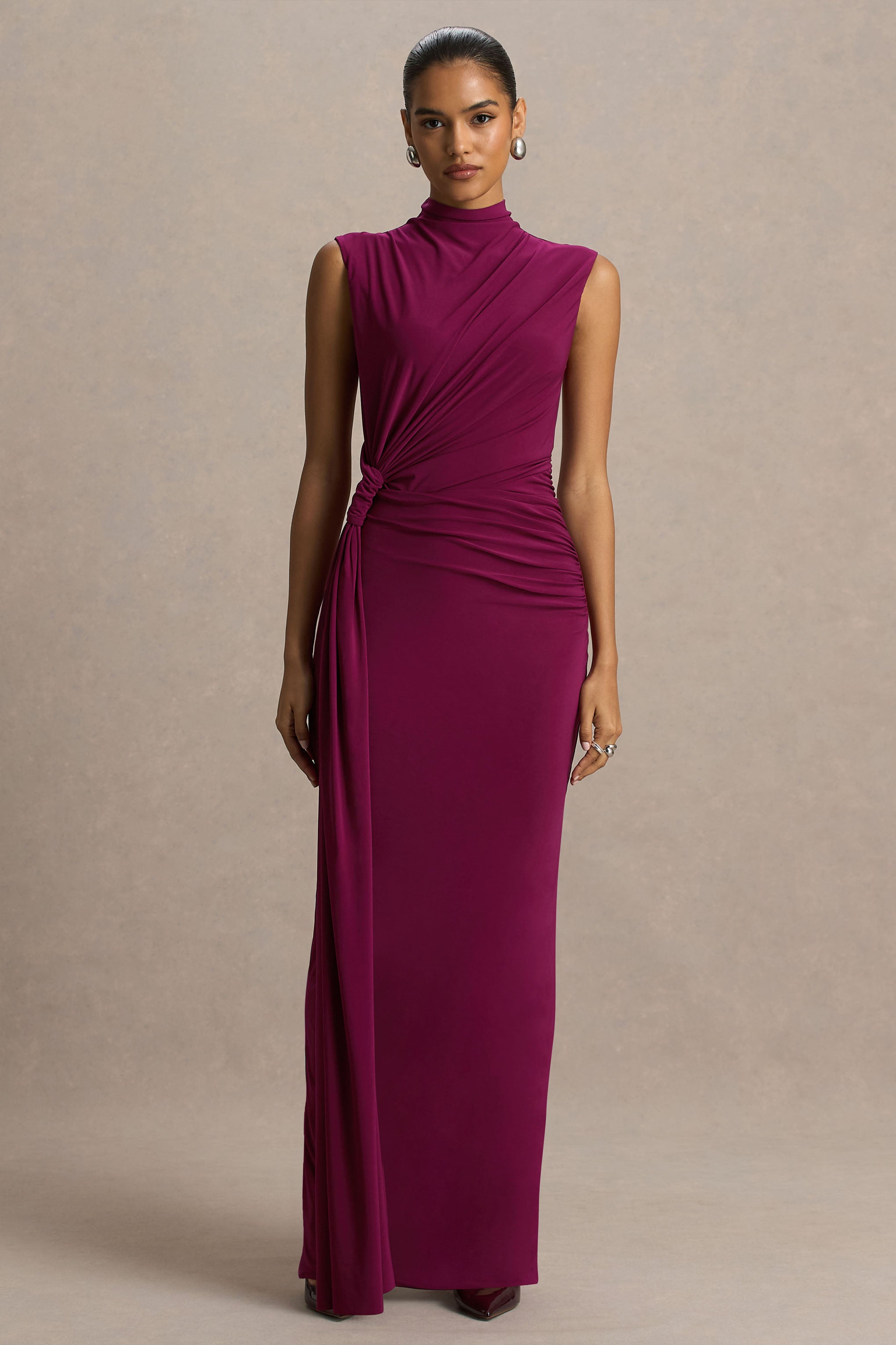 Solene | Burgundy High-Neck Maxi Dress With Wrap And Drape Detail-Sowoom