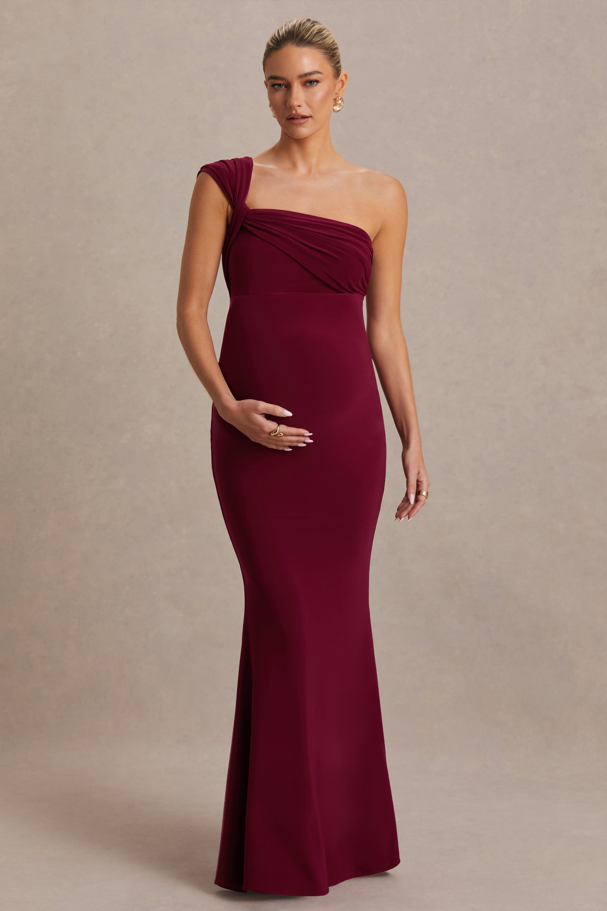 Mila | Burgundy Asymmetric-Neck Maternity Maxi Dress-Sowoom