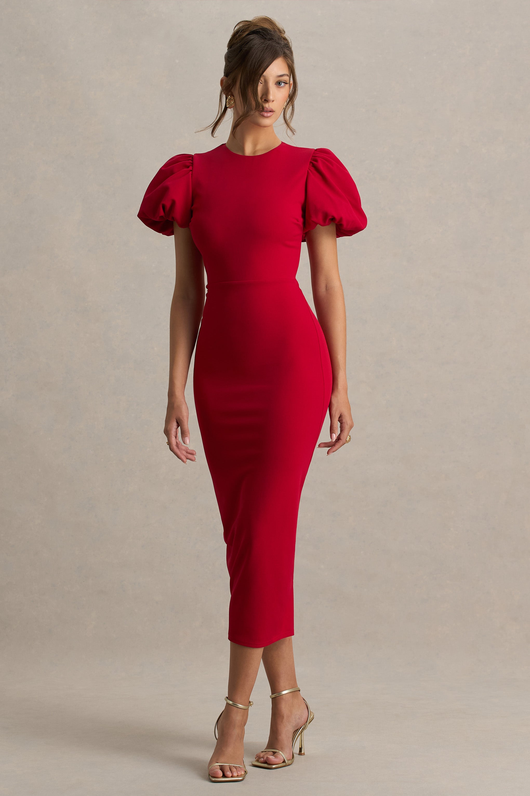 Dakota | Red Puff-Sleeve Midi Dress-Sowoom