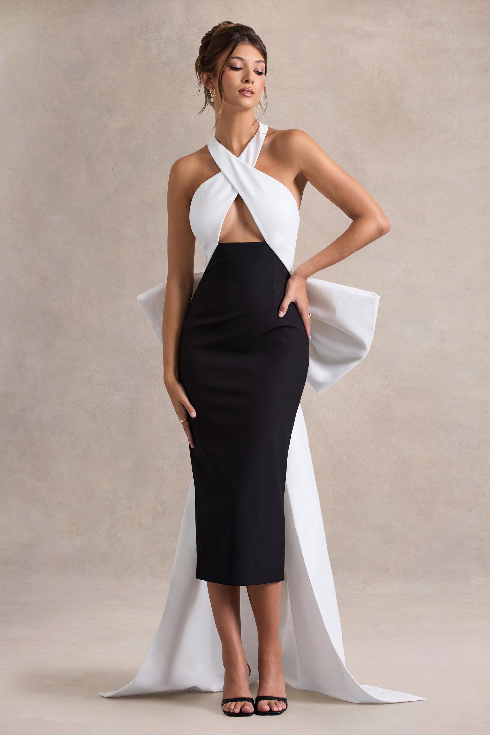 Blanca | Black & White Halter-Neck Cut-Out Midi Dress With Oversized Bow-Sowoom