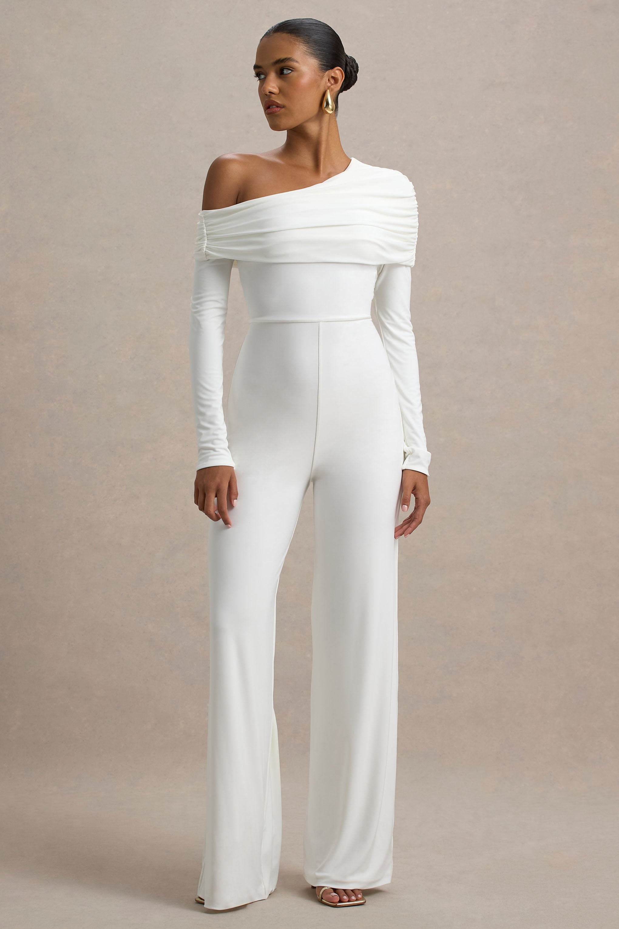 Gracious | White Jumpsuit With Asymmetric Neckline-Sowoom
