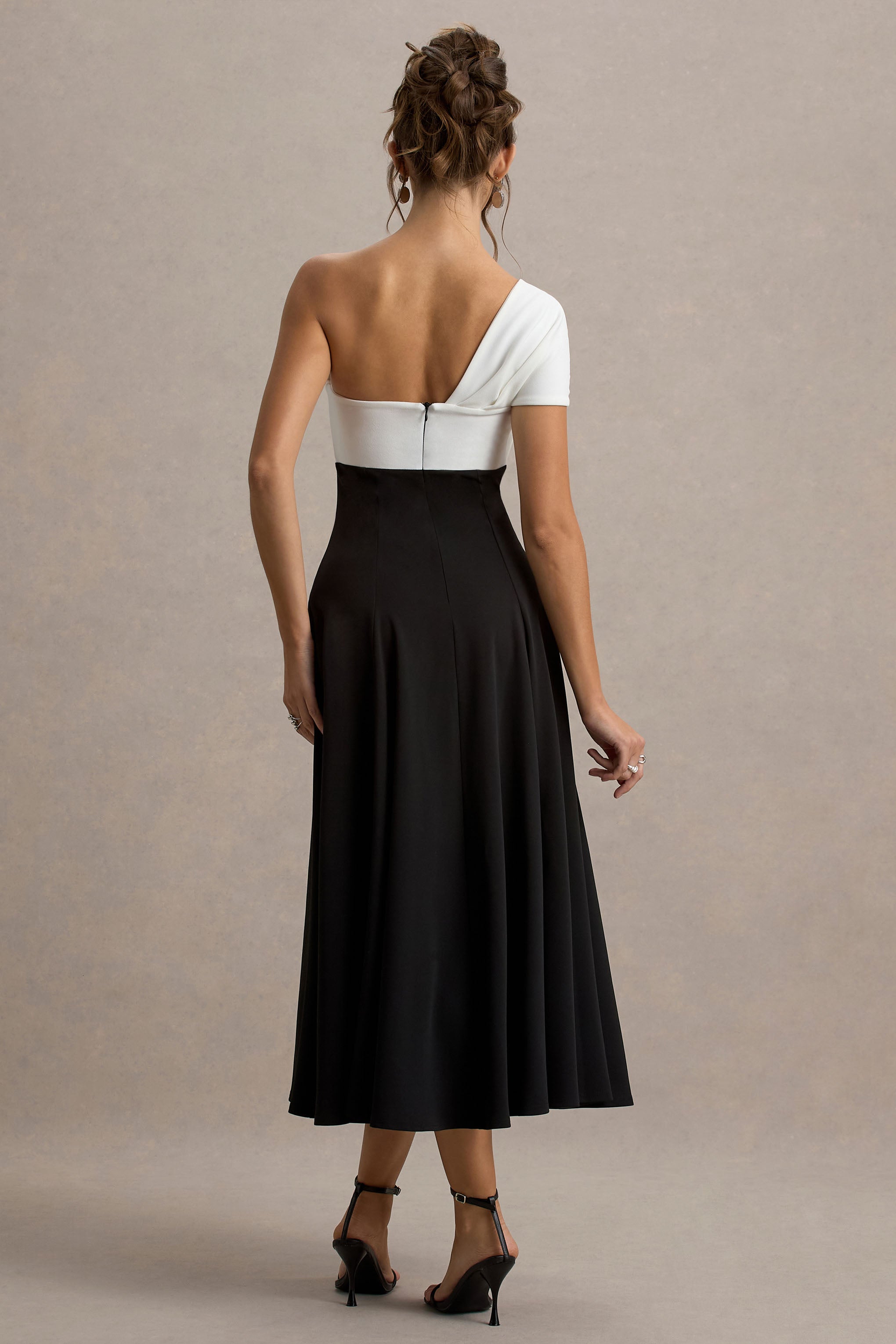 Malta | Black & White One-Shoulder Midi Dress-Sowoom