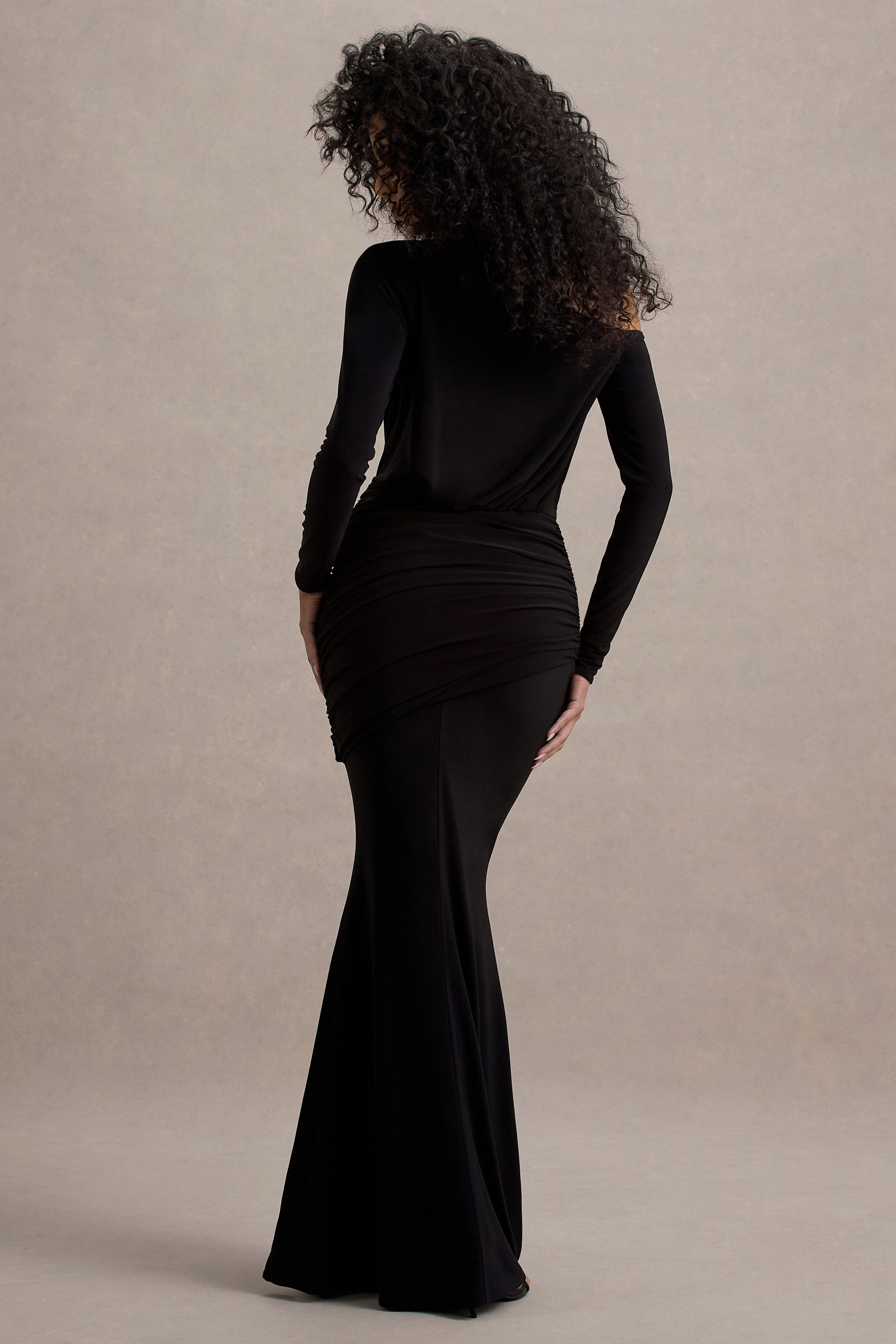 Deanna | Black Asymmetric Long-Sleeve Ruched Maxi Dress-Sowoom