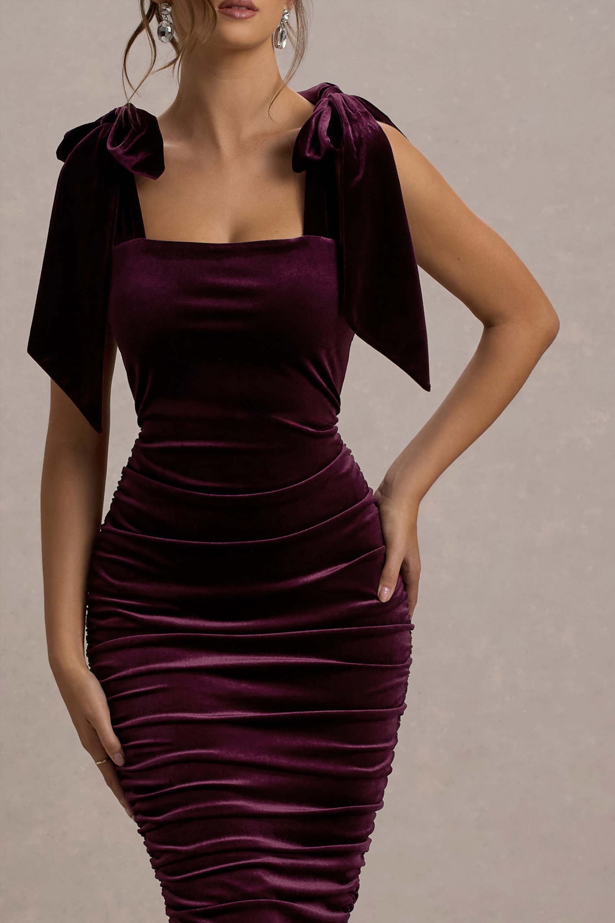 Tarna | Port Velvet Midi Dress With Bow Straps-Sowoom