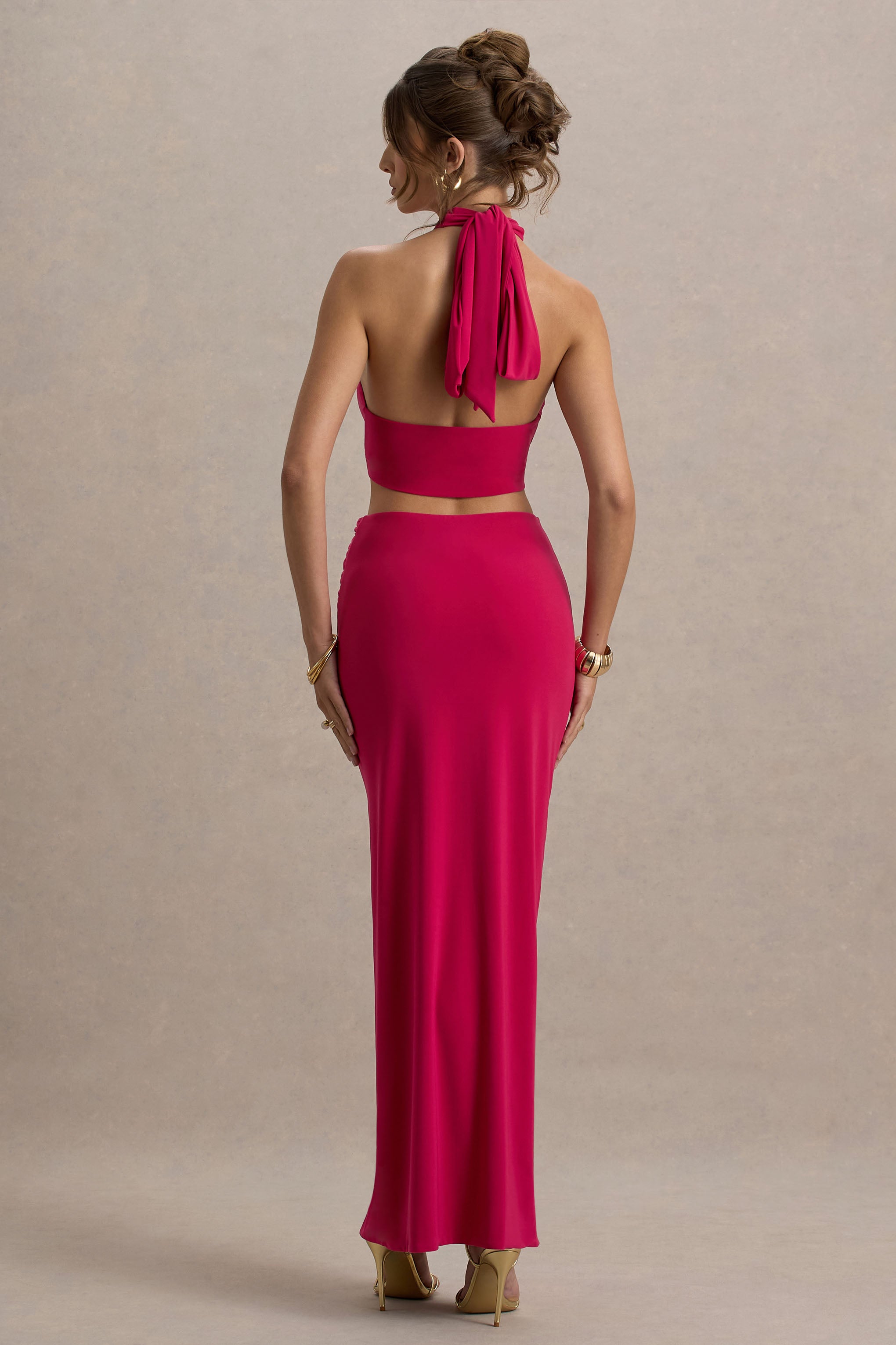 Aura | Hot Pink Halter-Neck Cut-Out Split Maxi Dress-Sowoom