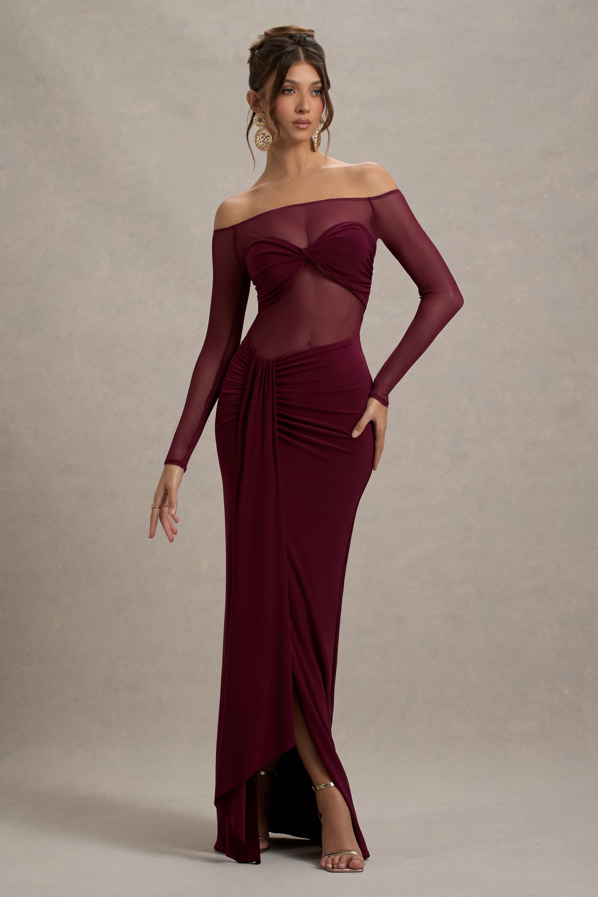 Cover Star | Burgundy Mesh Bardot Long-Sleeve Draped Maxi Dress-Sowoom