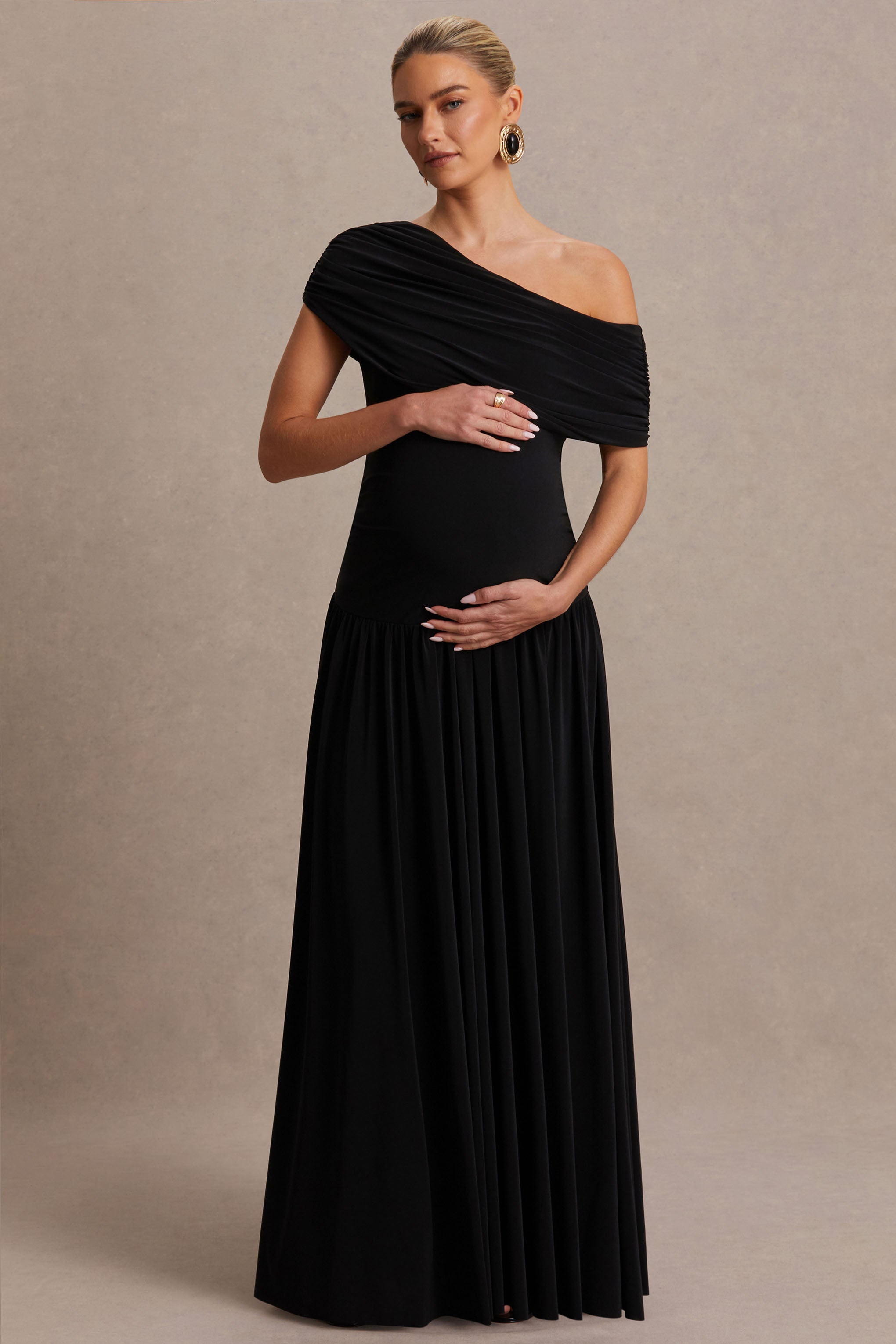 Noah | Black Asymmetric-Neck Maternity Maxi Dress With Drop-Waist-Sowoom